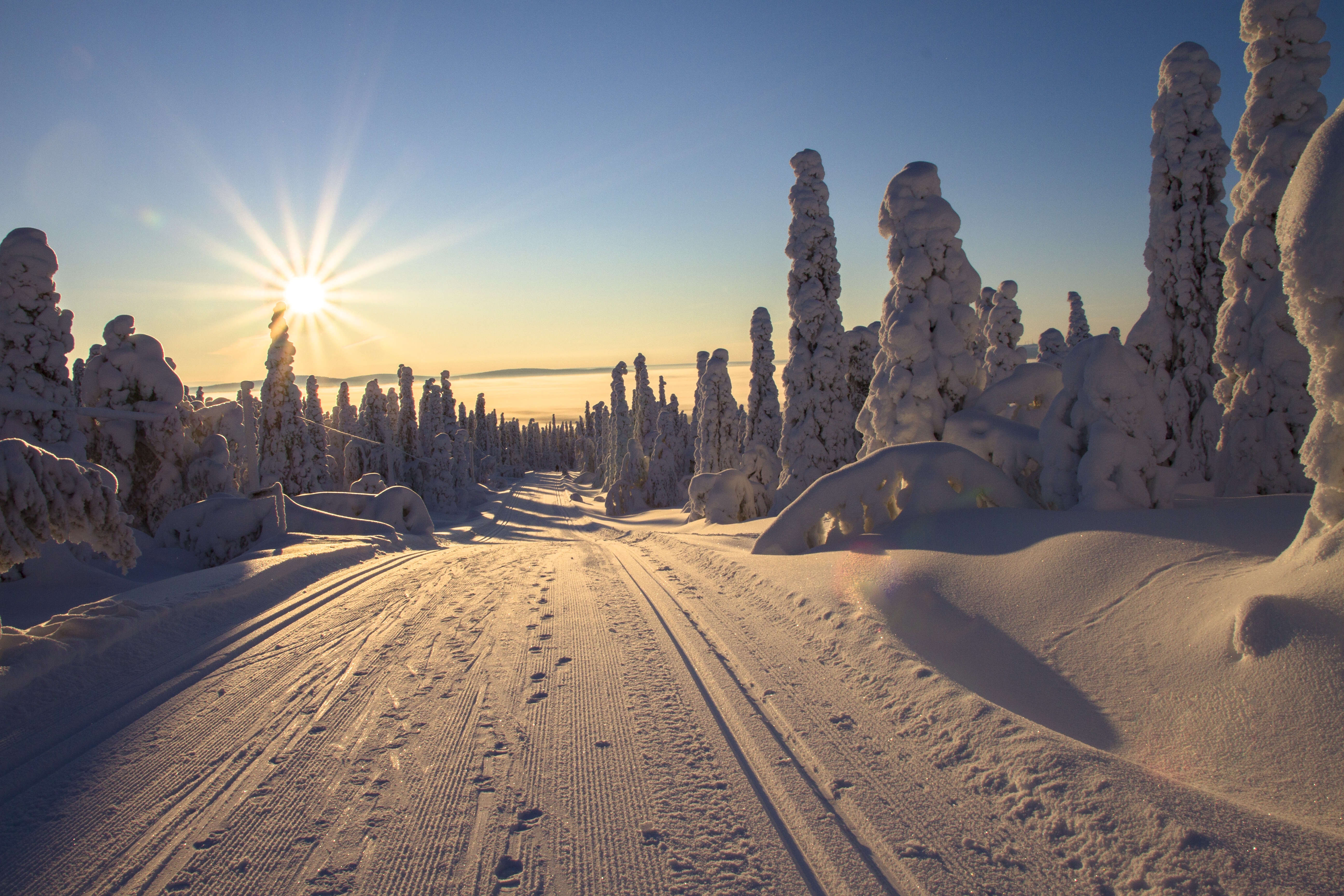 948616 скачать картинку зима, финляндия, дорога, снег, земля/природа, природа, солнце, солнечный луч - обои и заставки бесплатно
