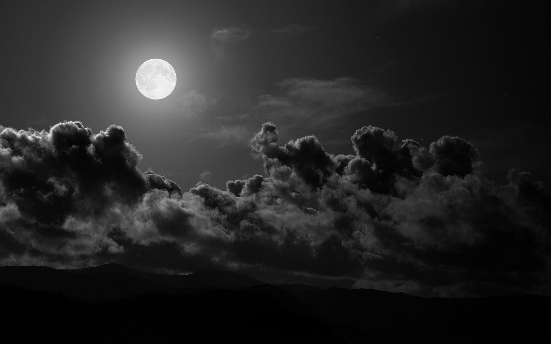 moon, black and white, black, clouds, sky UHD