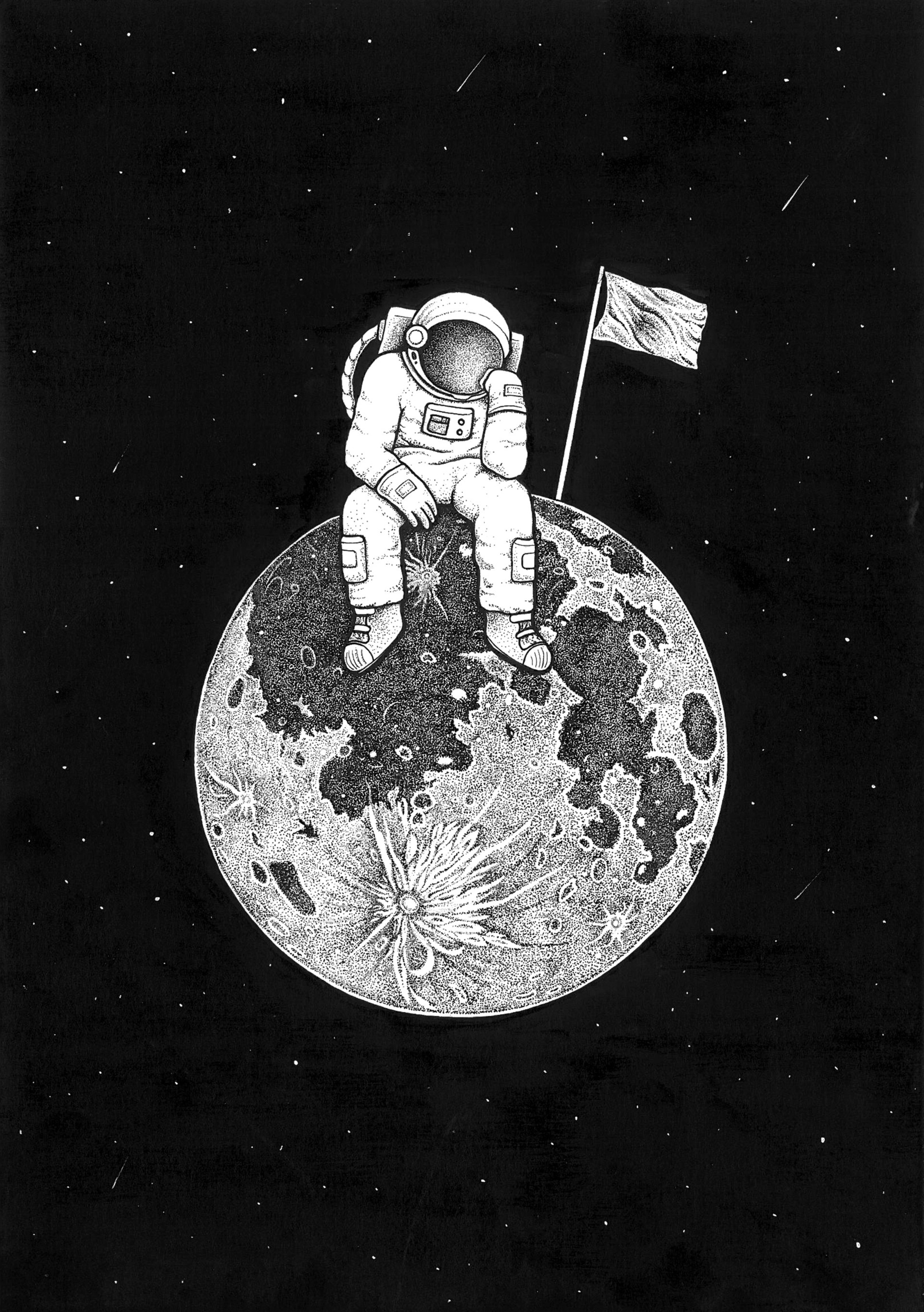 astronaut, art, universe, chb, bw, picture, planet, drawing Full HD