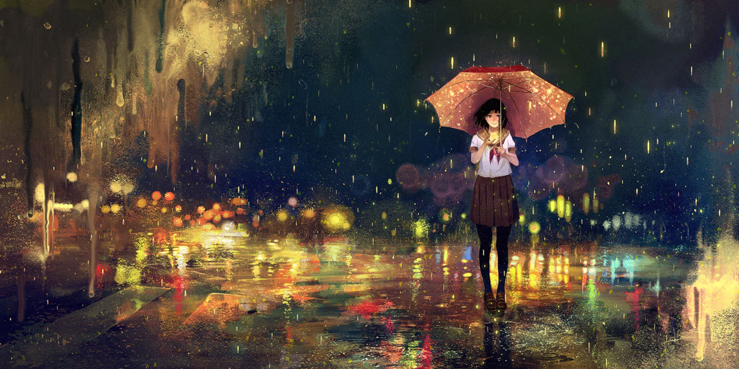 HD desktop wallpaper: Anime, Rain, Night, Building, Light, Original  download free picture #870107