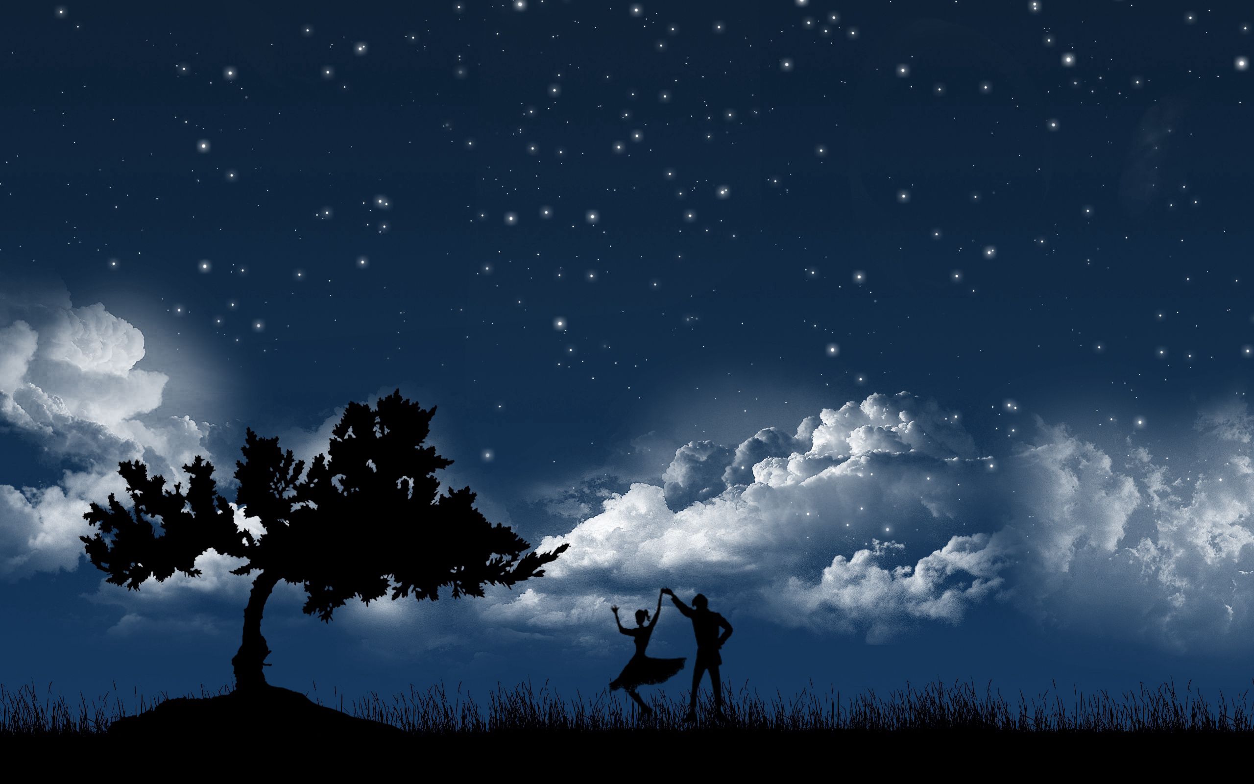 silhouettes, couple, sky, stars, night, clouds, dance, vector, wood, pair, tree cellphone