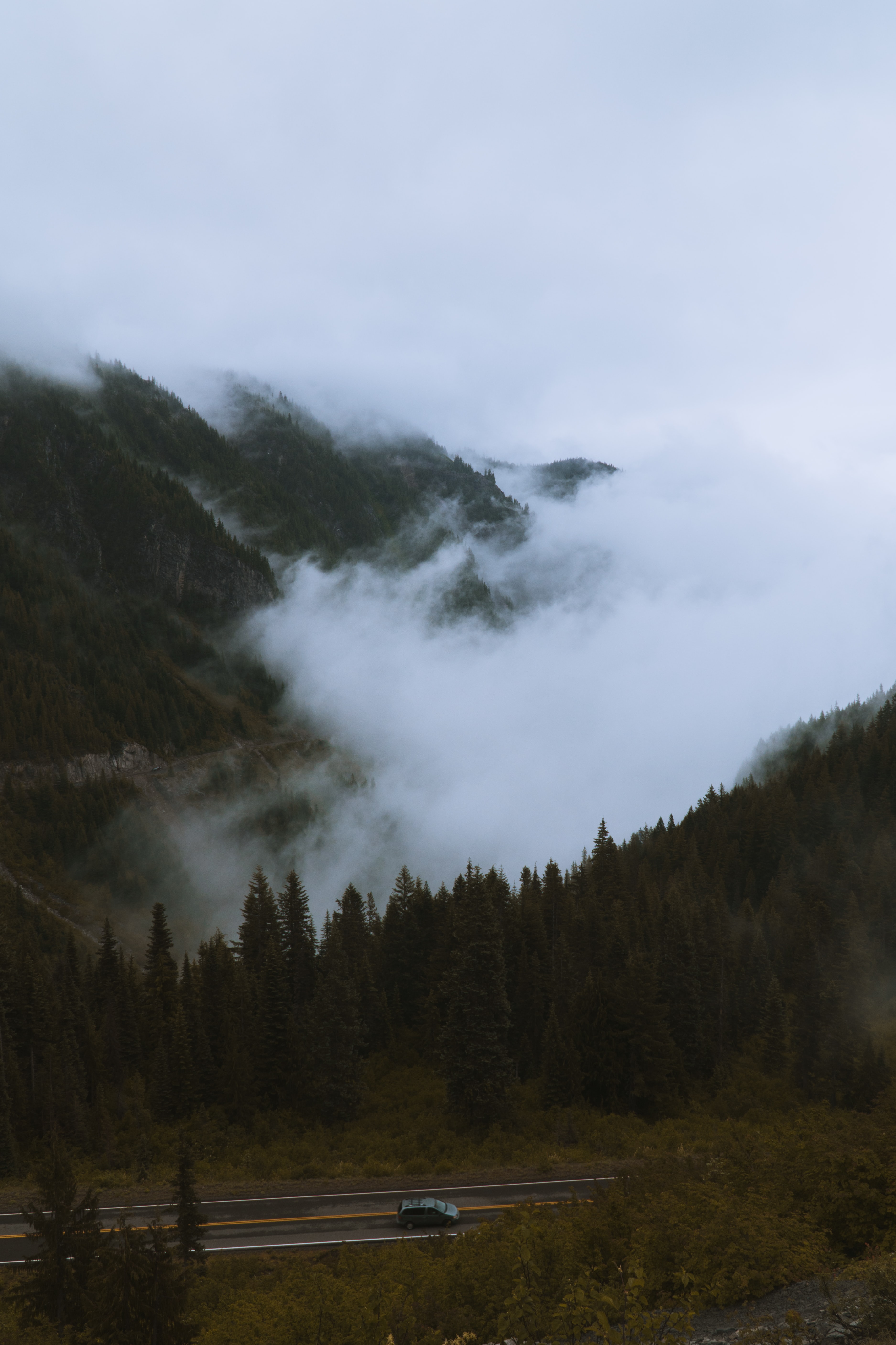 Скачать картинку Туман, Деревья, Дорога, Горы, Природа, Автомобиль, Сосны в телефон бесплатно.