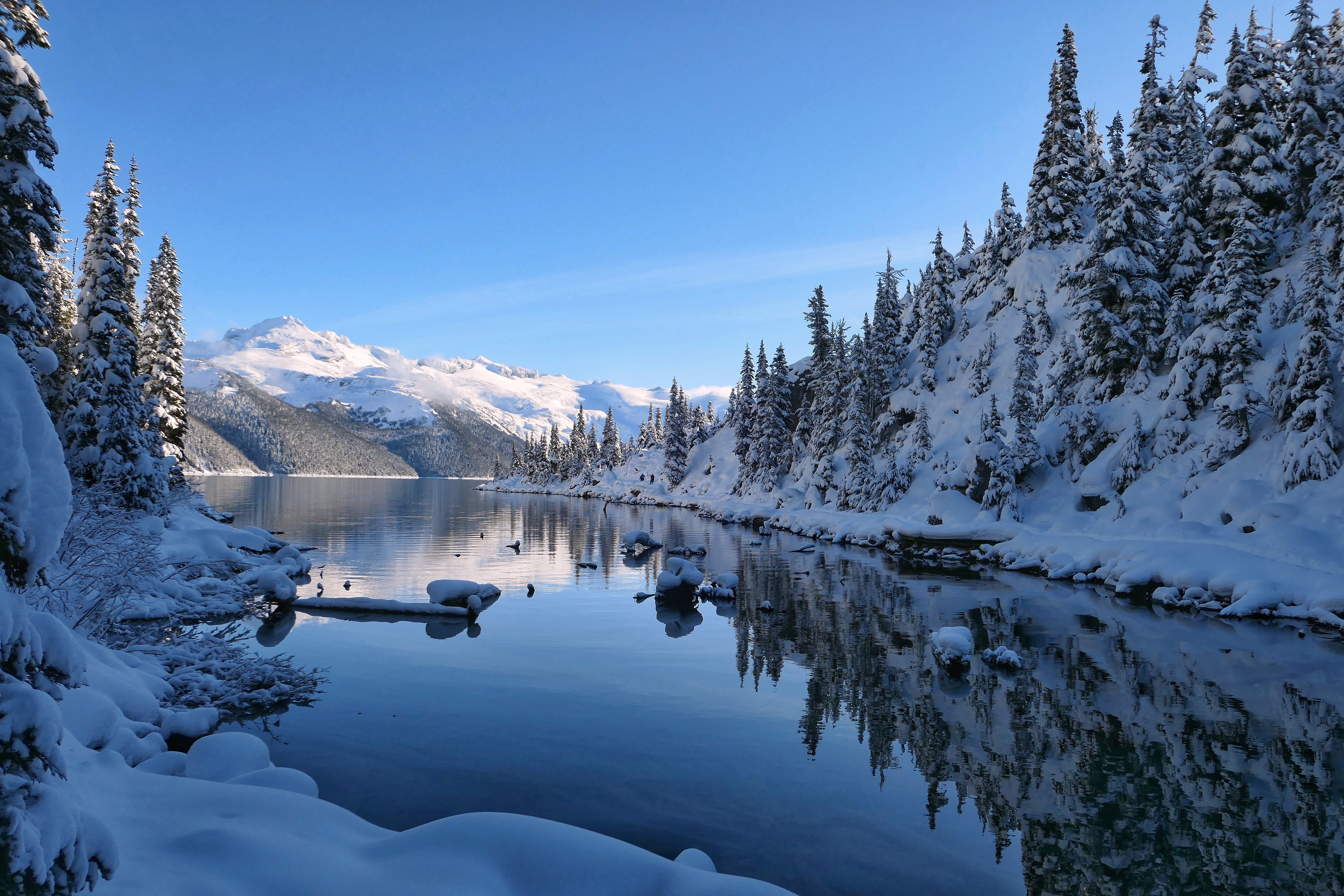 snow, nature, lake, winter, mountain, shore, bank Smartphone Background