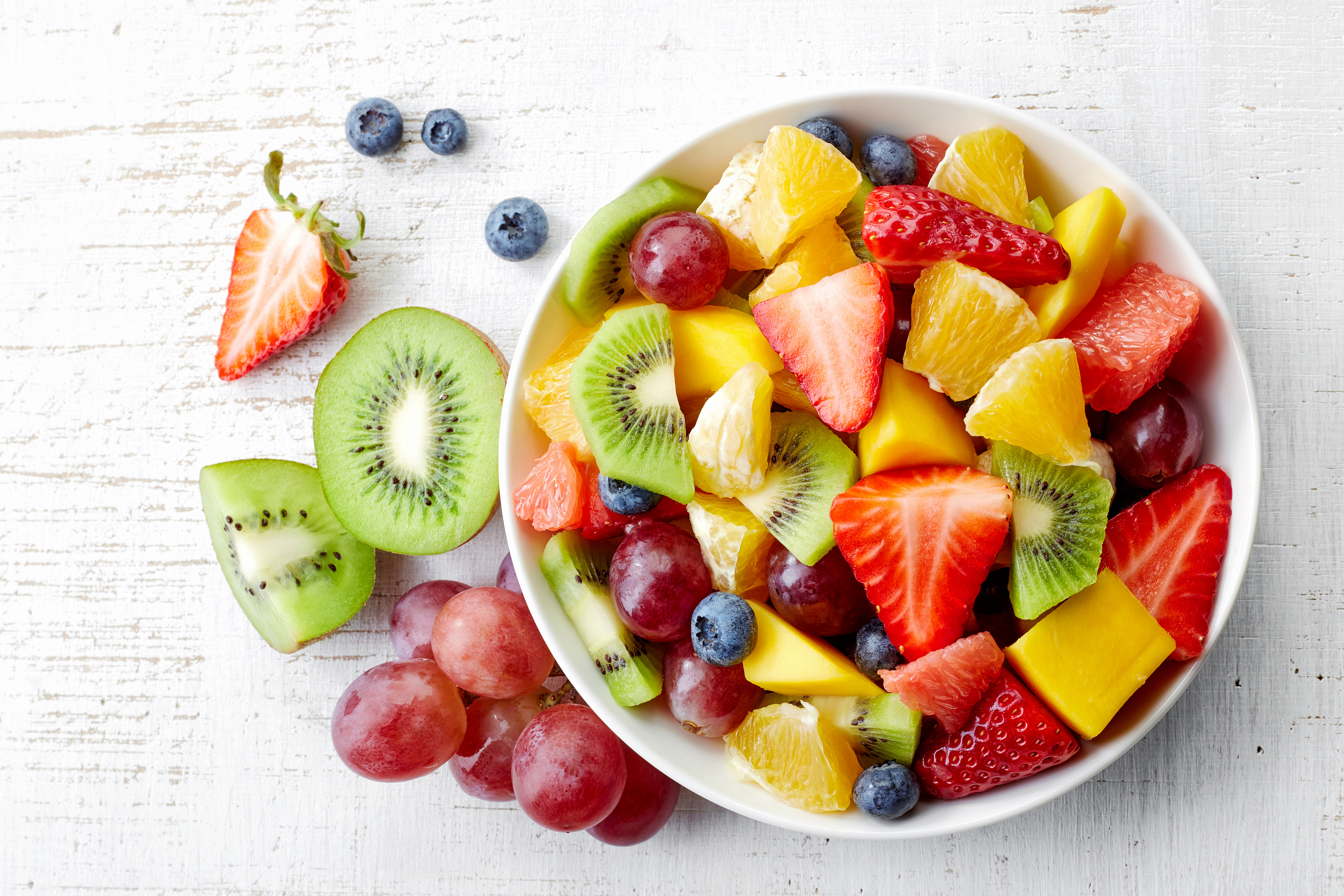 Download mobile wallpaper Fruits, Food, Strawberry, Grapes, Blueberry, Kiwi, Fruit for free.