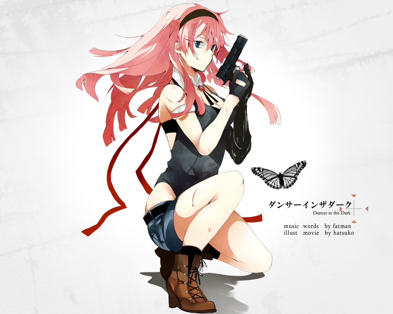 anime, vocaloid, boots, gun, luka megurine, pink hair, shorts, song illustration phone background