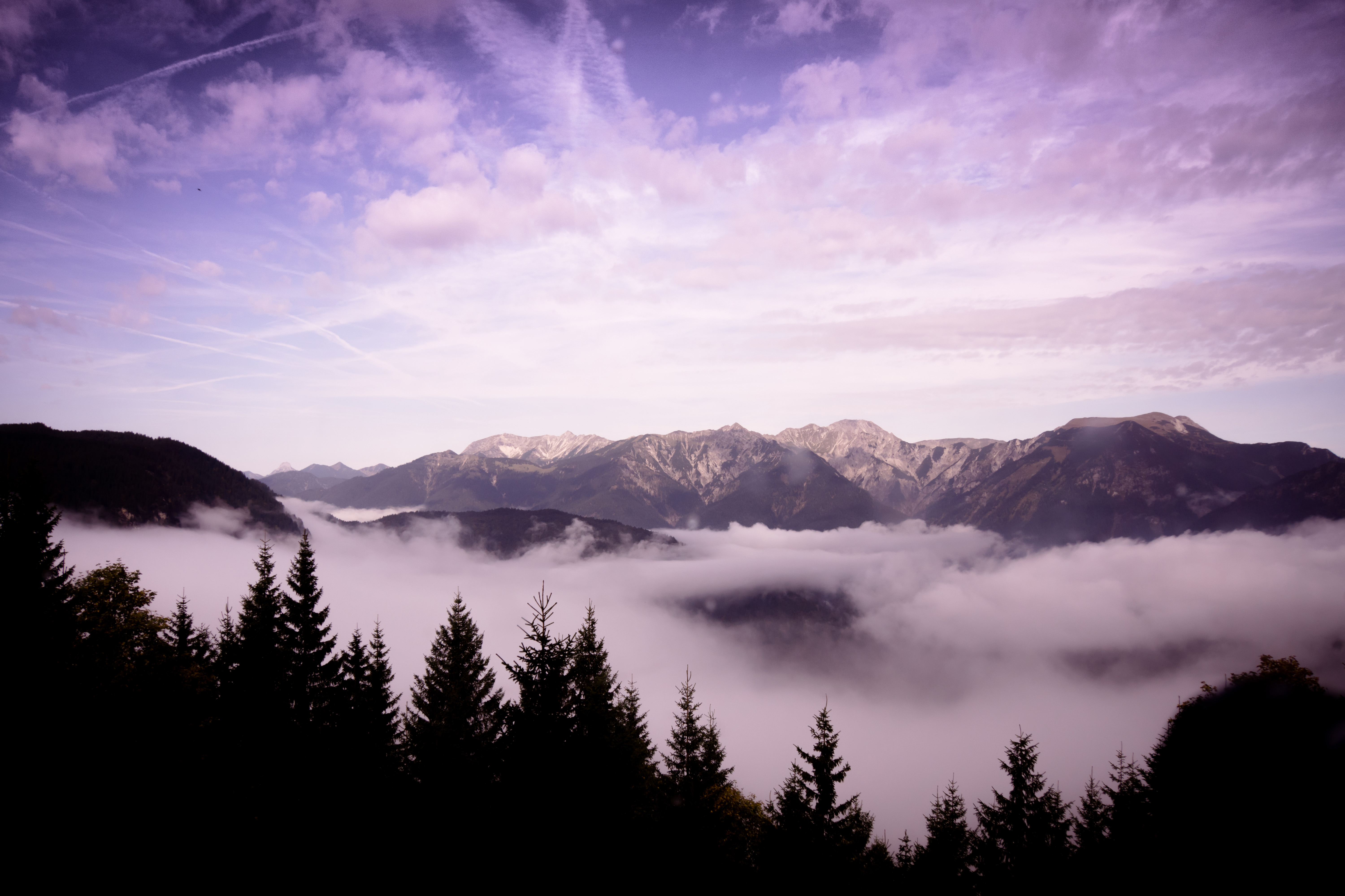 nature, landscape, trees, mountains, clouds, height Full HD