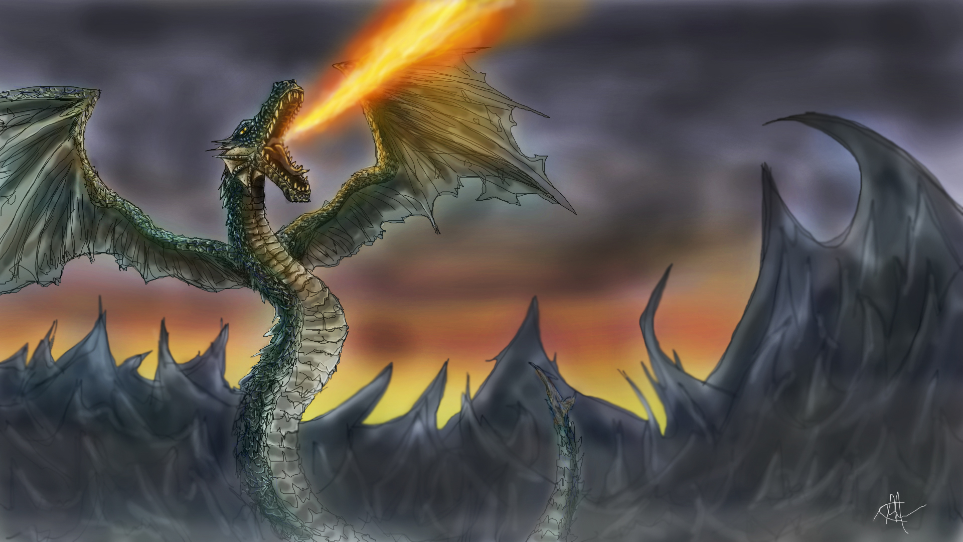 black dragons breathing fire wallpaper