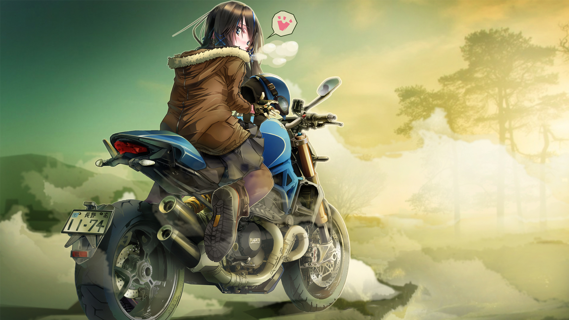 Аниме девушка на мотоцикле в шлеме
