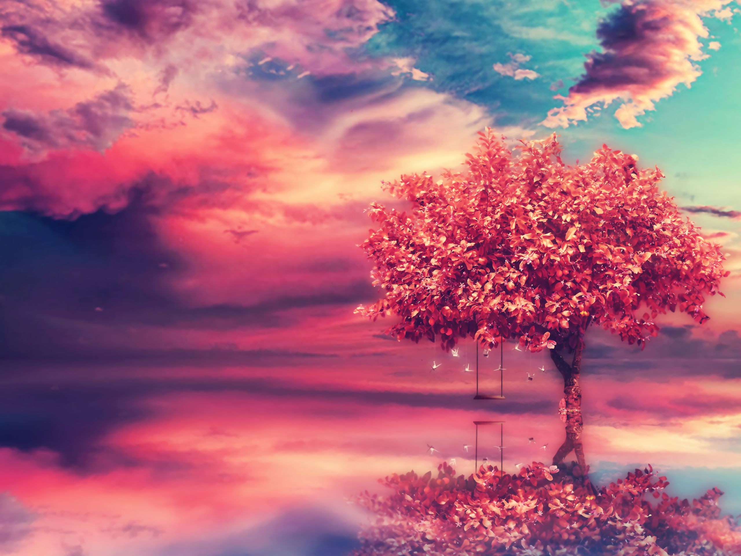 pink, artistic, tree, love, swing