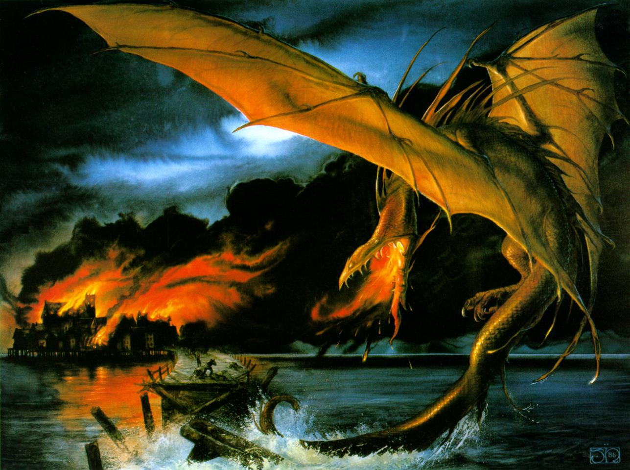fantasy, dragon, destruction, rampage, smaug (lord of the rings)