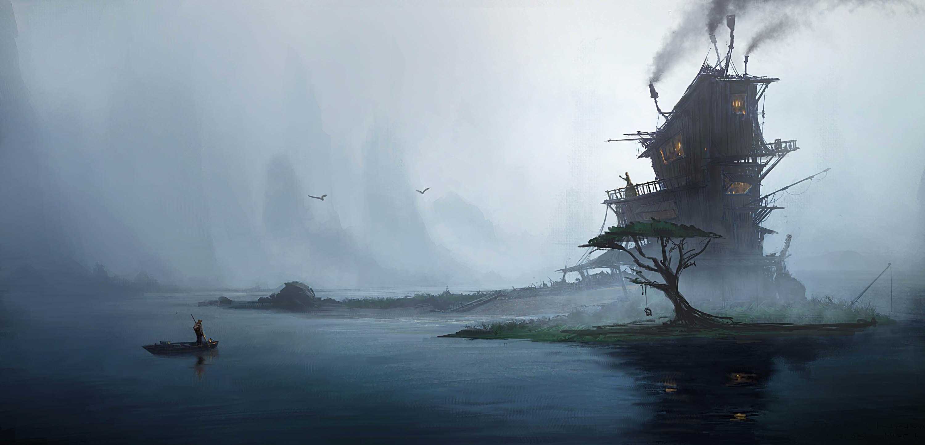 fantasy, house, dark, fog, island, lake, lonely tree
