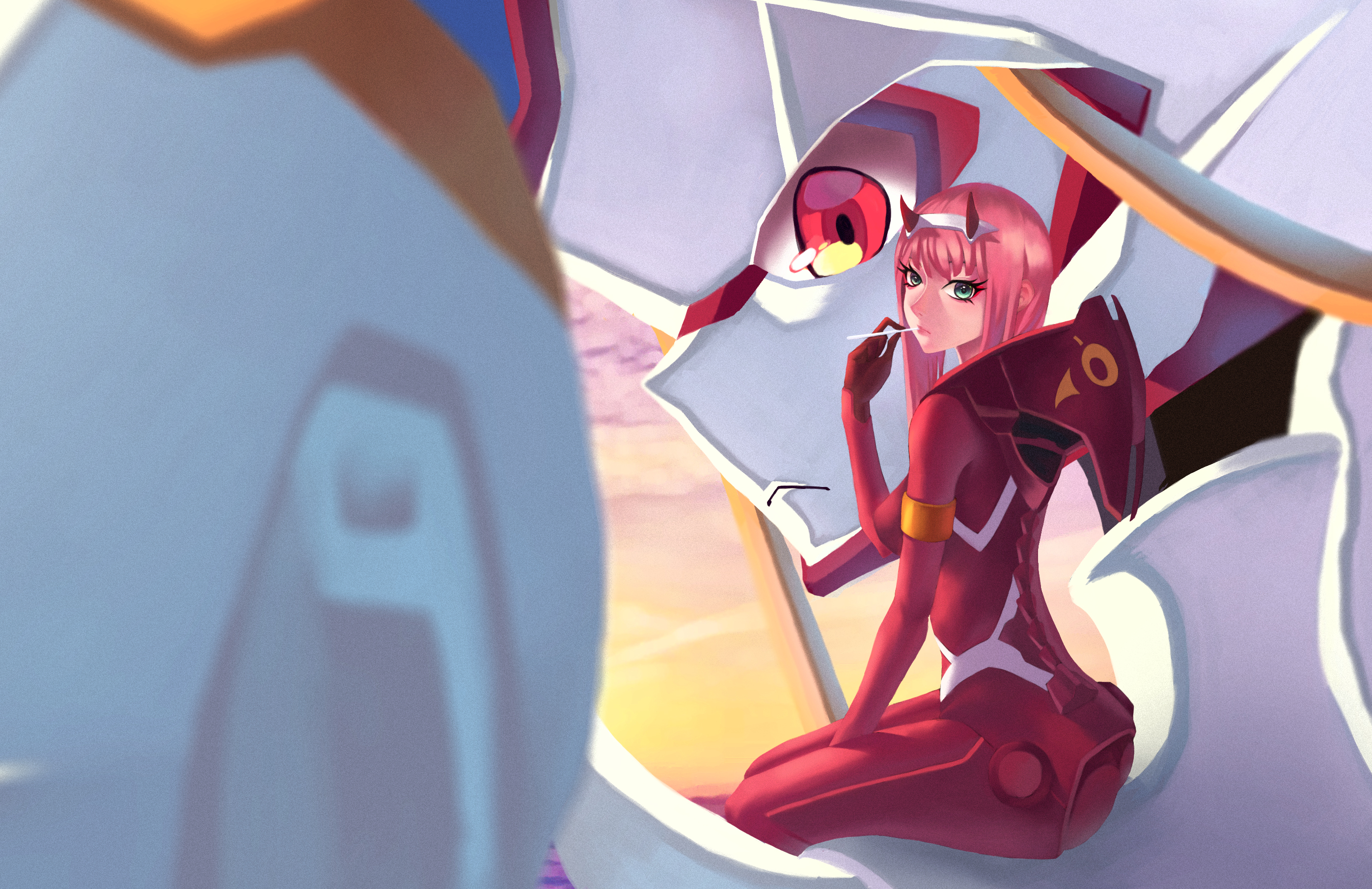 anime, darling in the franxx, green eyes, horns, lollipop, long hair, pink hair, red eyes, robot, zero two (darling in the franxx) iphone wallpaper