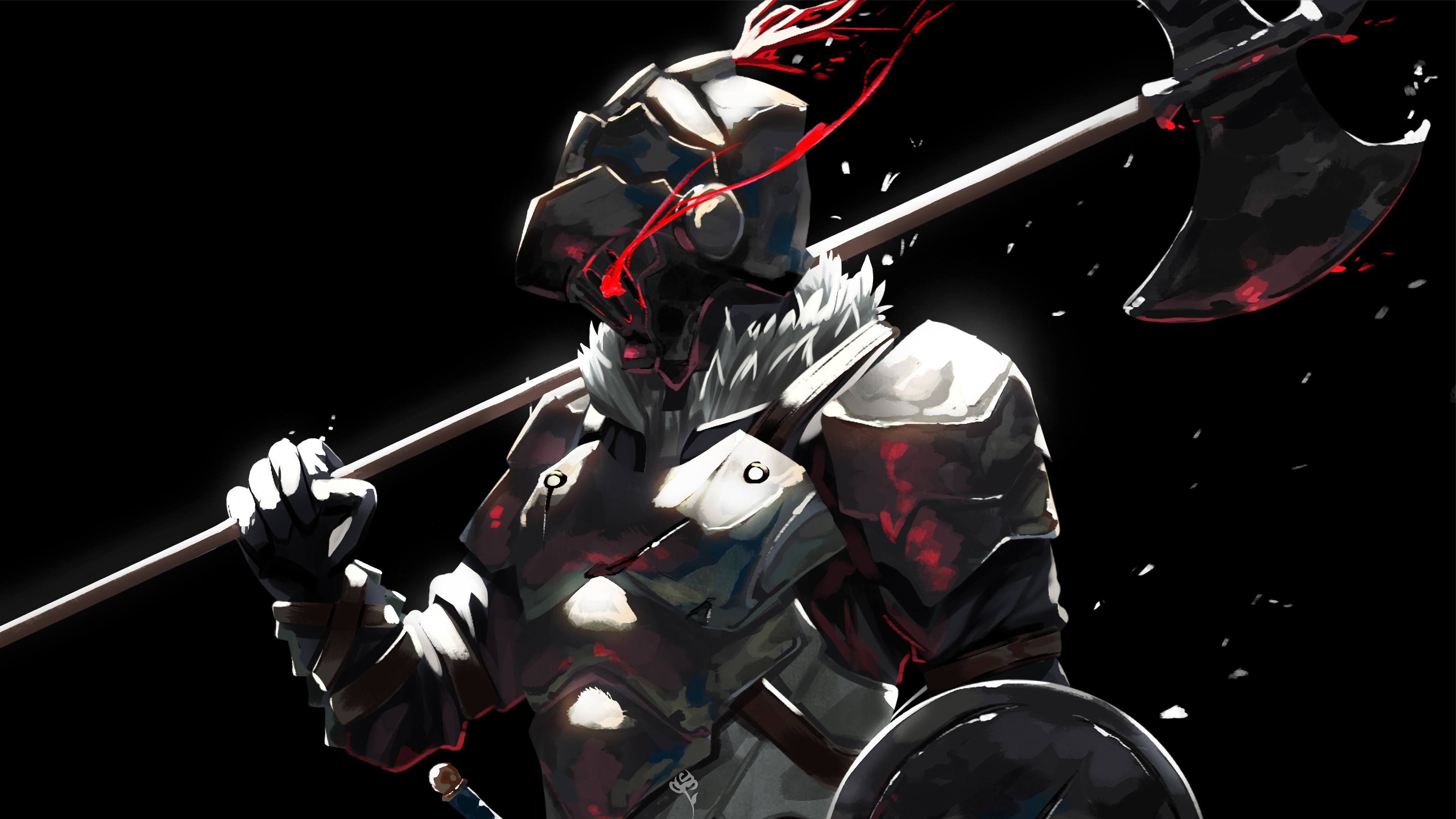 Mobile wallpaper anime, goblin slayer, armor, axe, blood, helmet, weapon