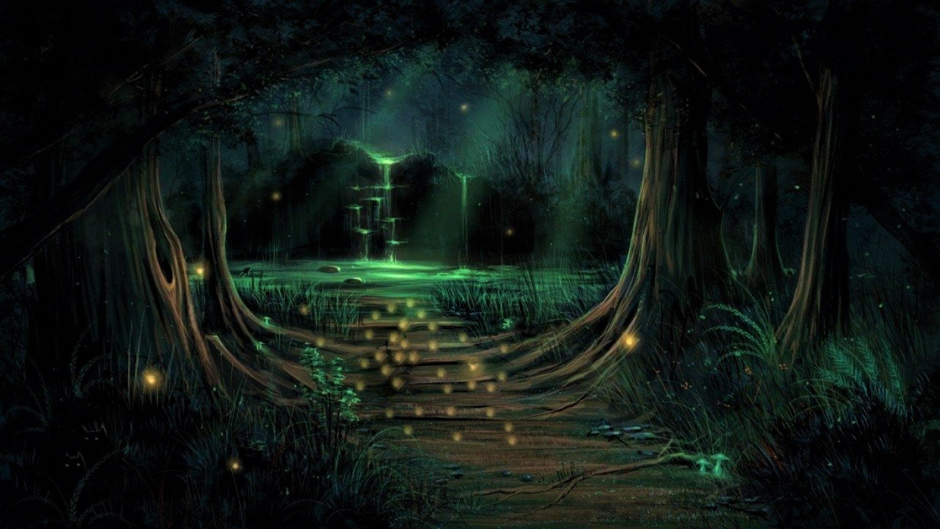 fantasy, forest, glow, mushroom, mystical, tree, waterfall UHD