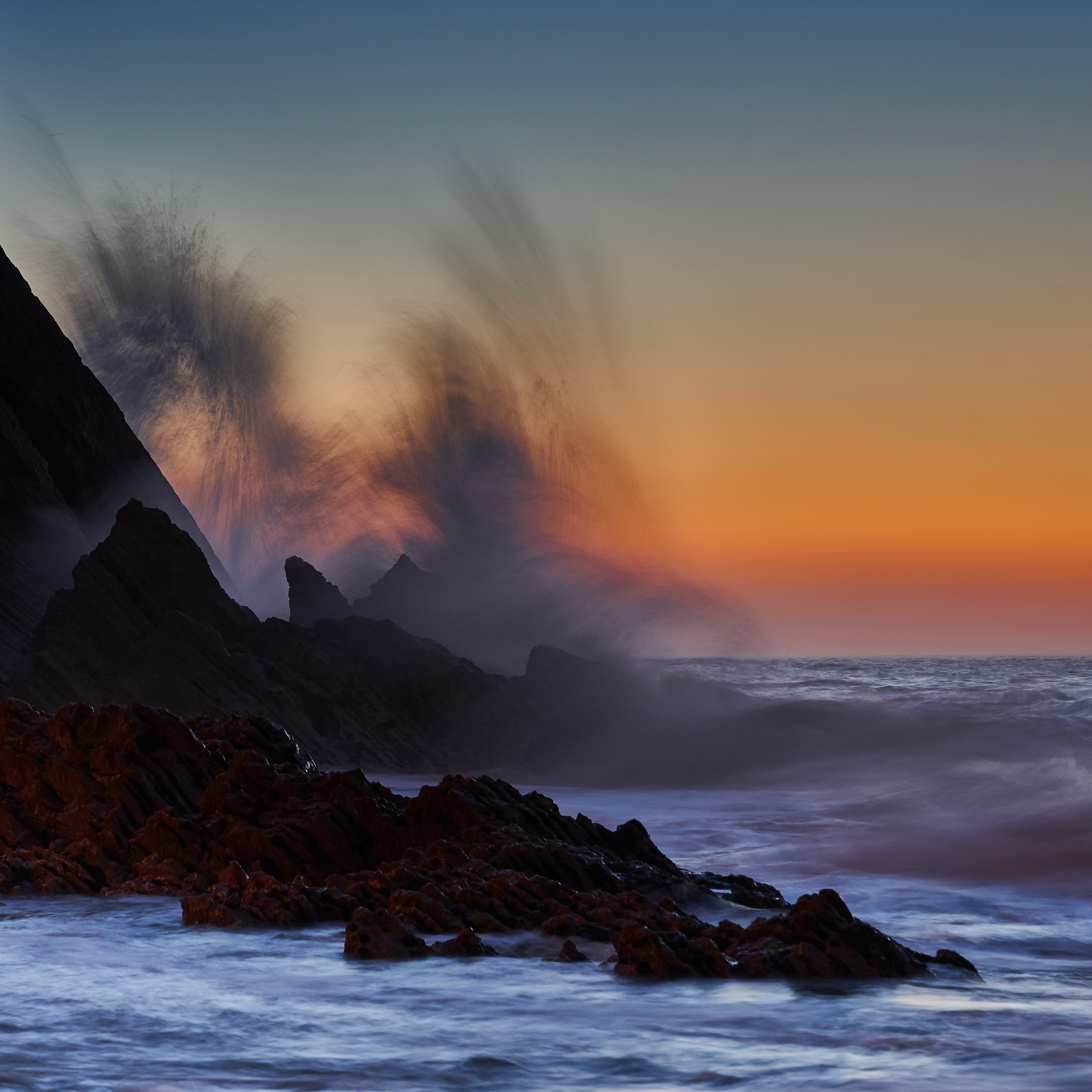 Download mobile wallpaper Nature, Rocks, Surf, Sunset, Waves, Sea for free.