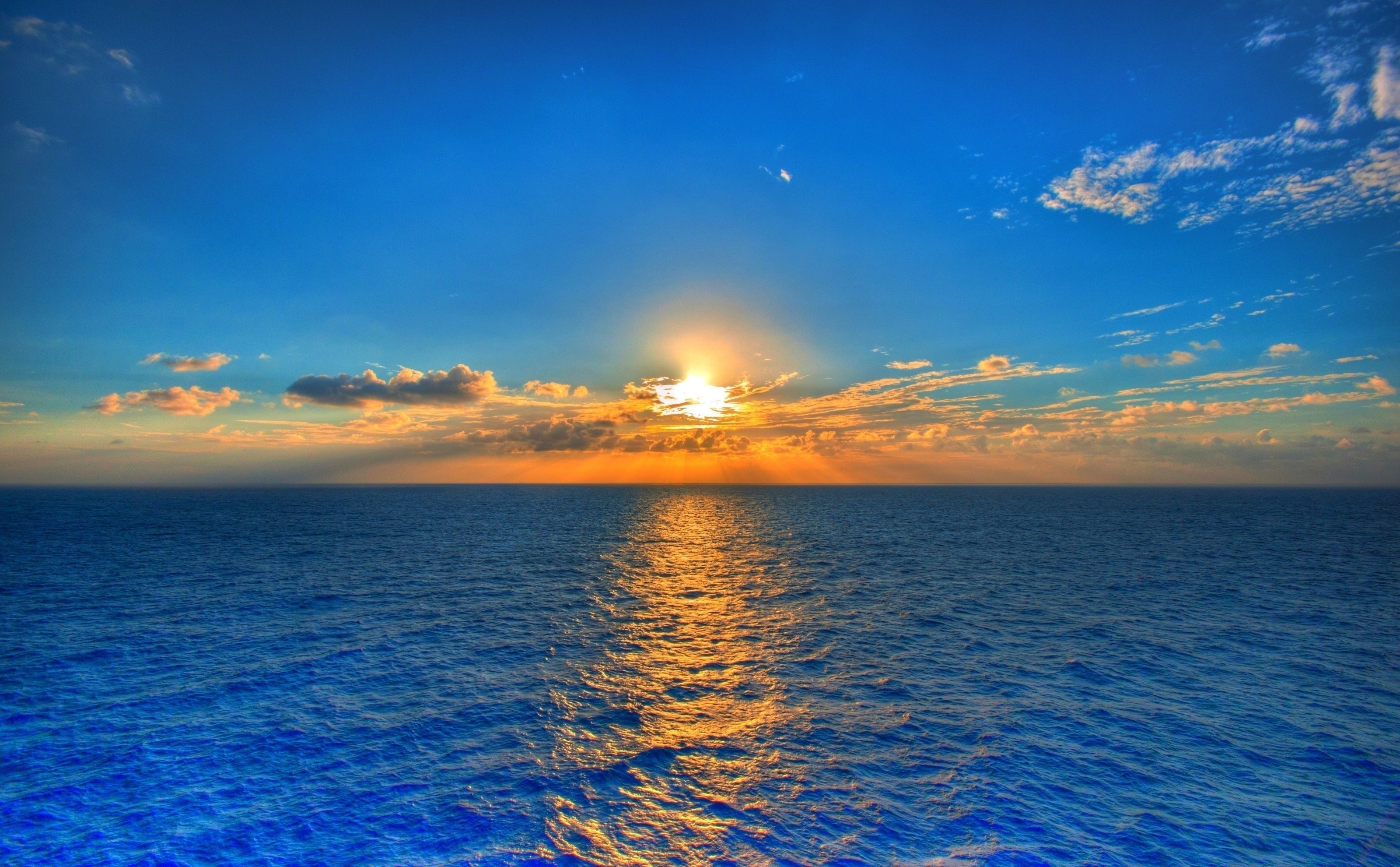 sun, ripple, line, horizon, clouds, nature, sea, sky, reflection, ripples, track QHD