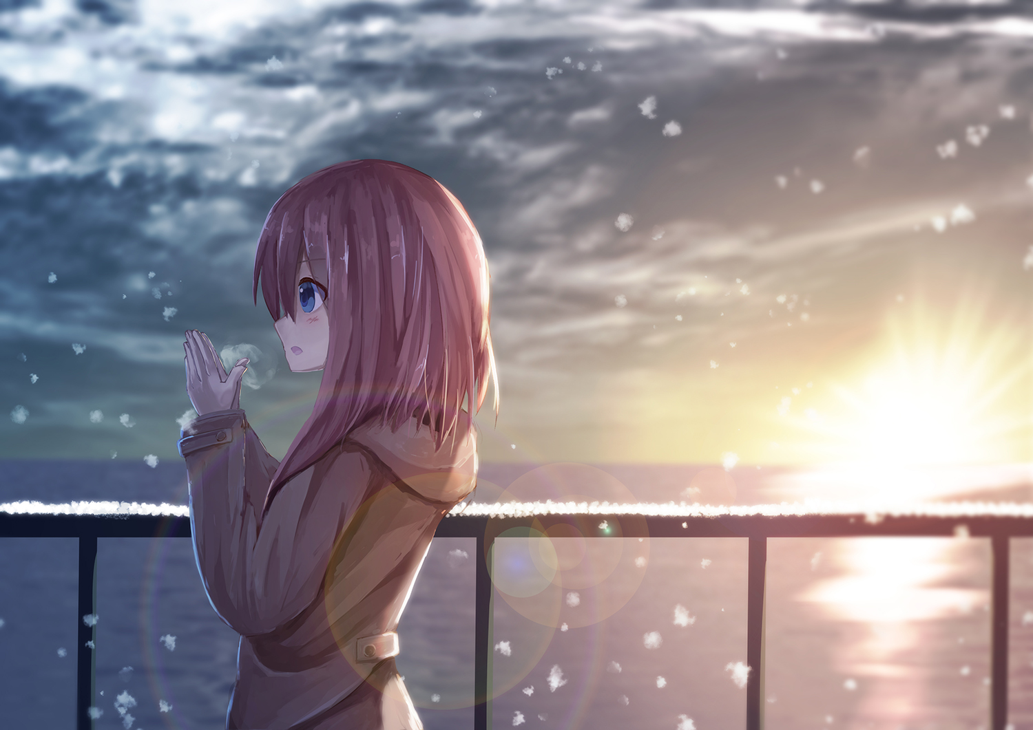 snowfall, anime, original, blue eyes, hoodie, long hair, pink hair, sunrise