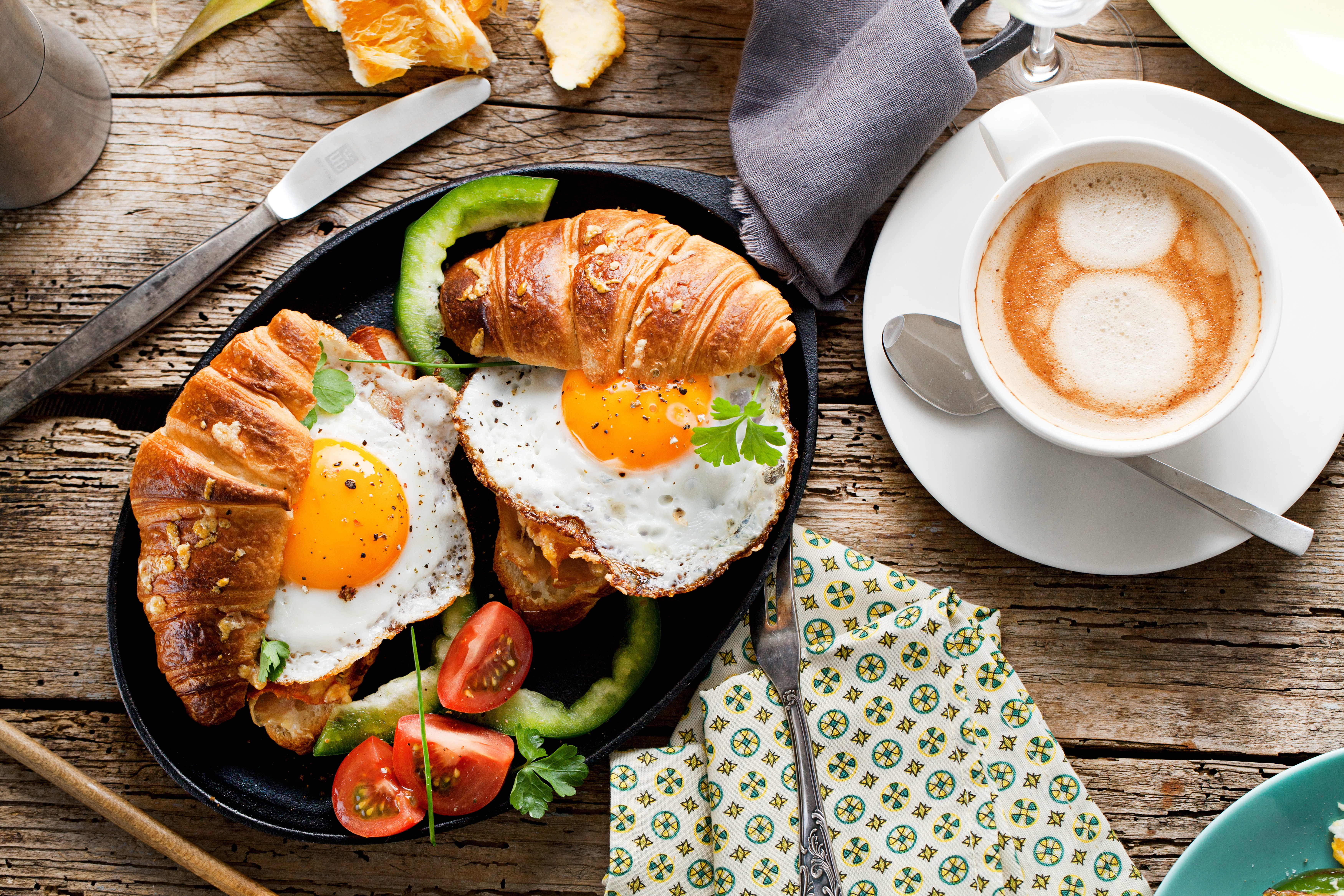 breakfast, croissant, food, coffee, cup, egg