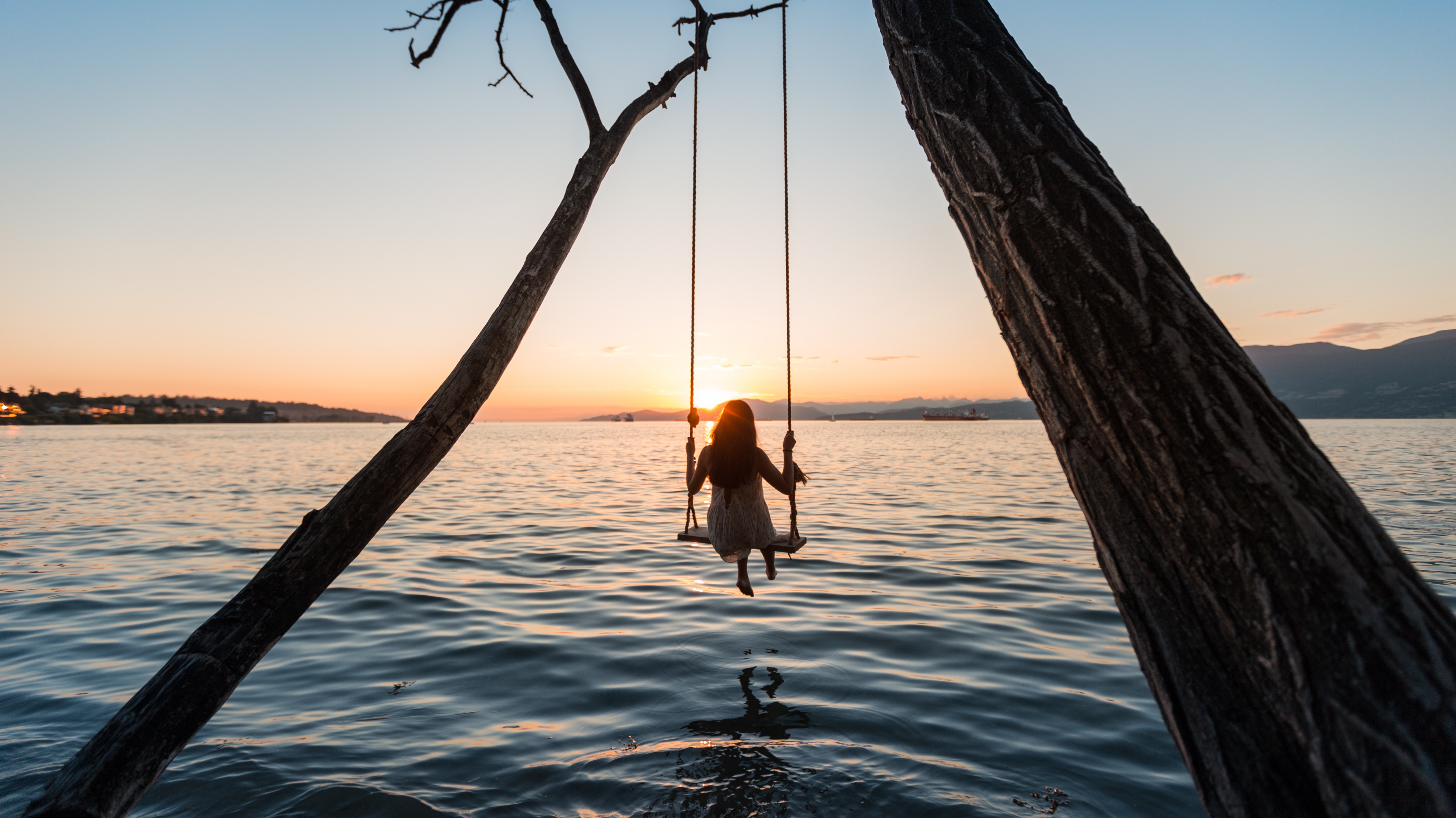 girl, swing, nature, rivers, sunset, lake images