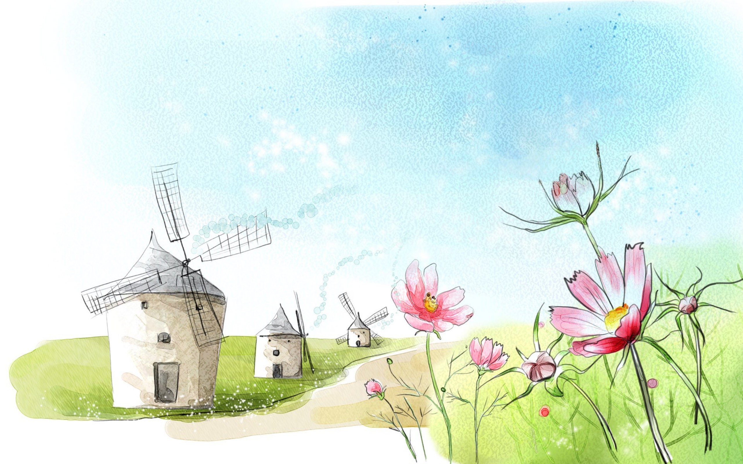 artistic, landscape, flower, windmill 4K Ultra