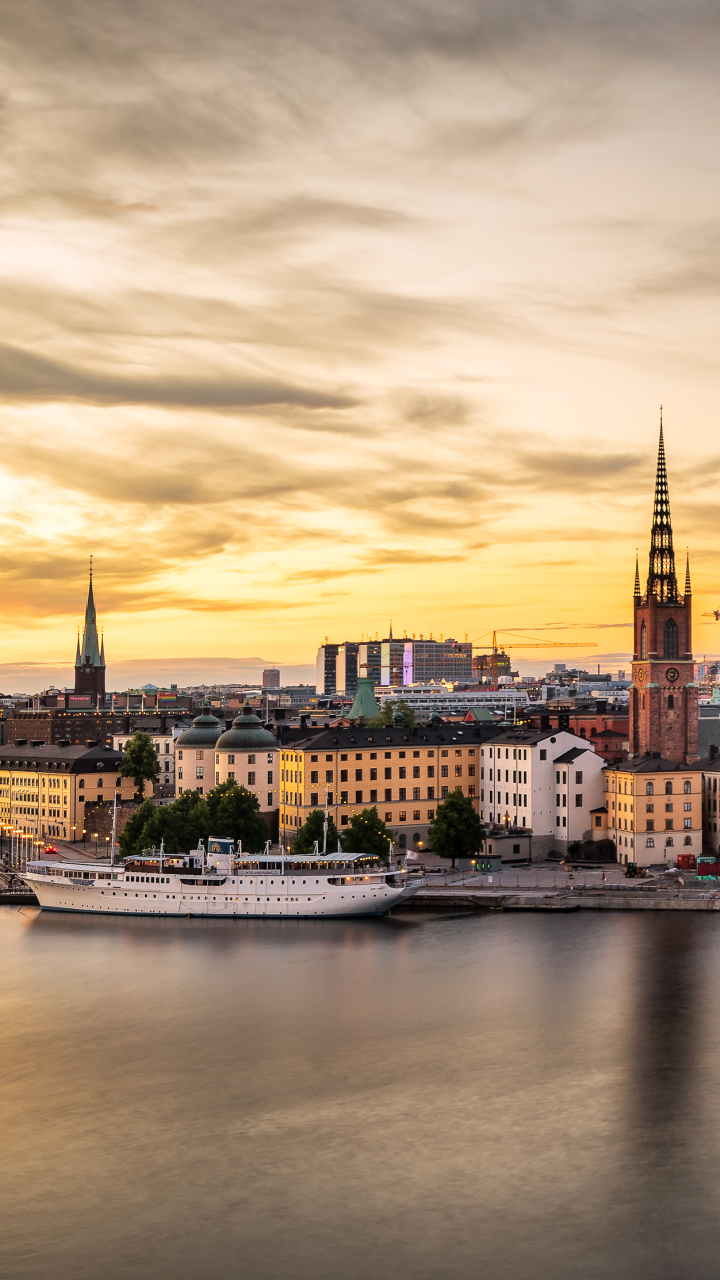 sweden, man made, stockholm, river, city, sunset, evening, cities wallpaper for mobile