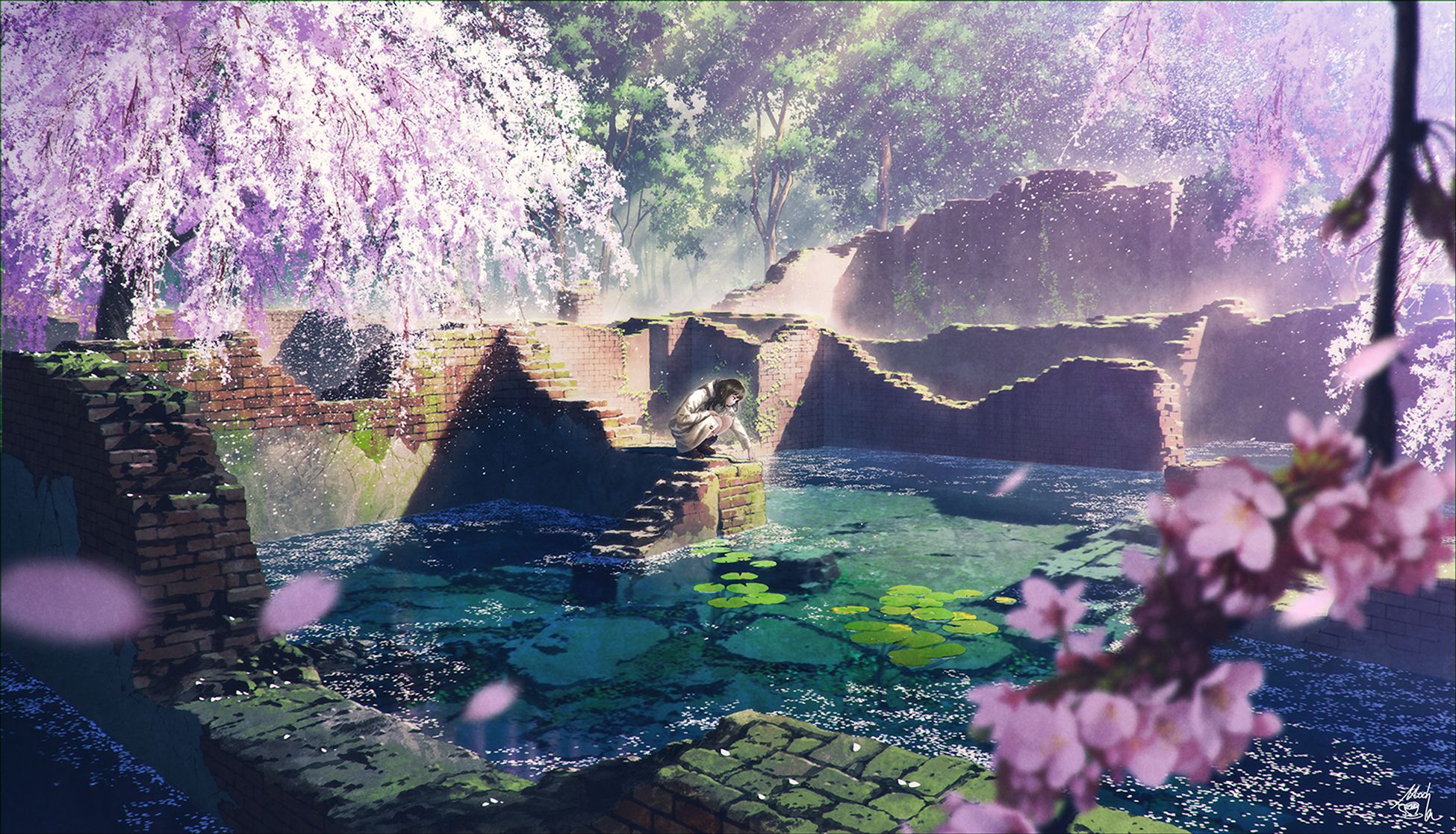 anime, original, black hair, cherry blossom, lily pad, long hair, pond Free Stock Photo
