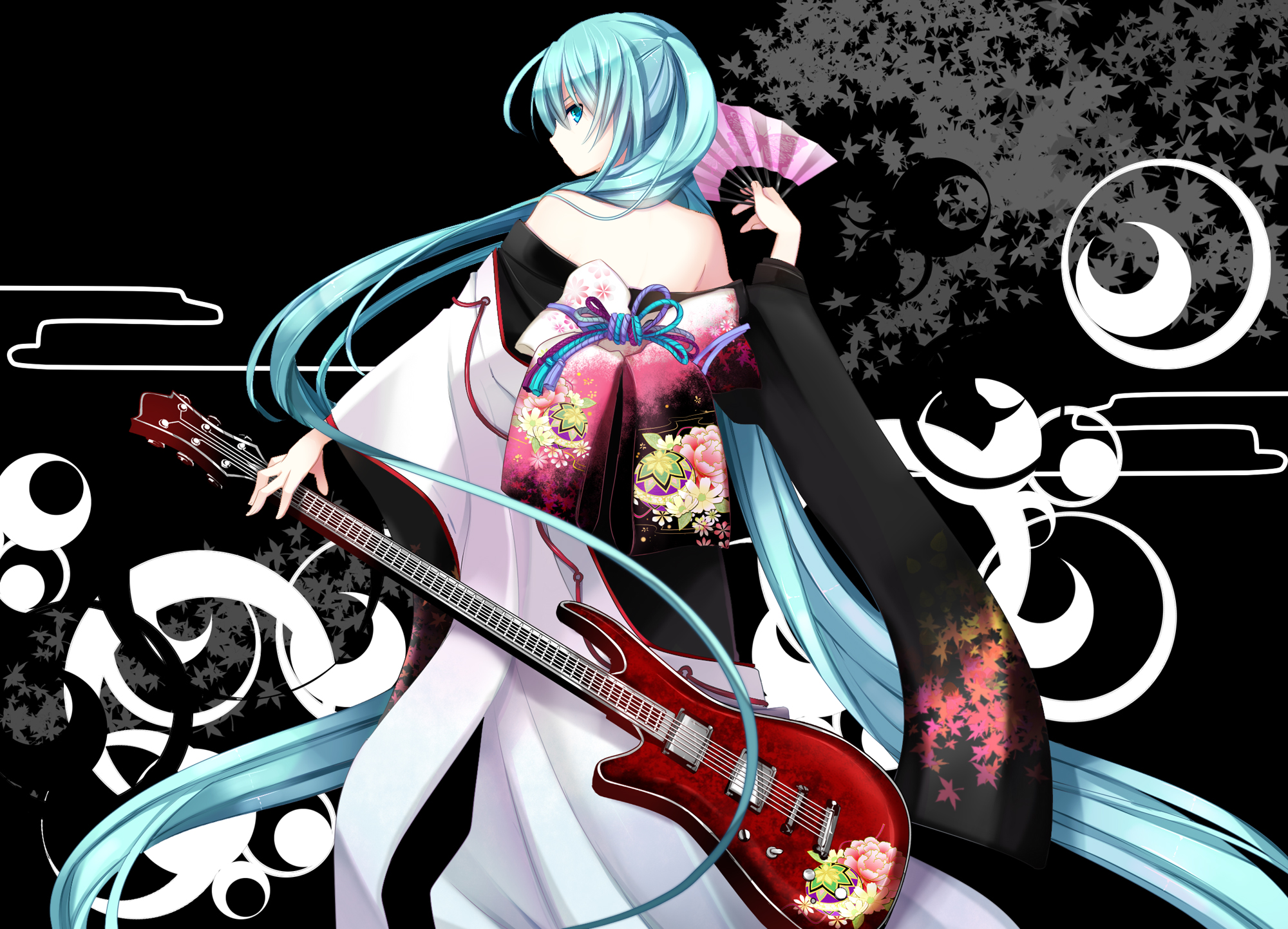 anime, vocaloid, aqua eyes, aqua hair, black, fan, guitar, hatsune miku, kimono, petal wallpaper for mobile