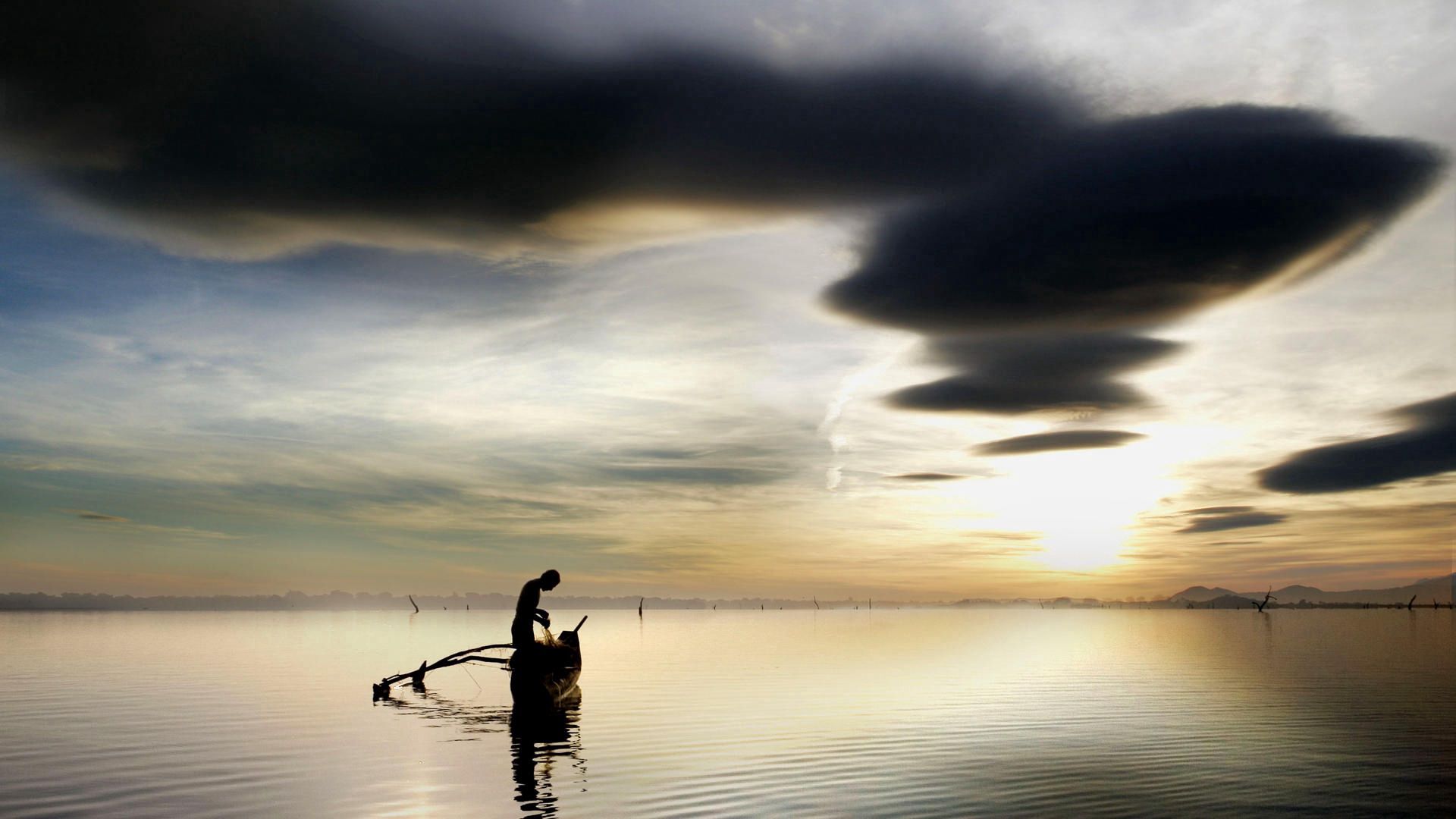 HD wallpaper fisherman, nature, sky, clouds, lake, boat