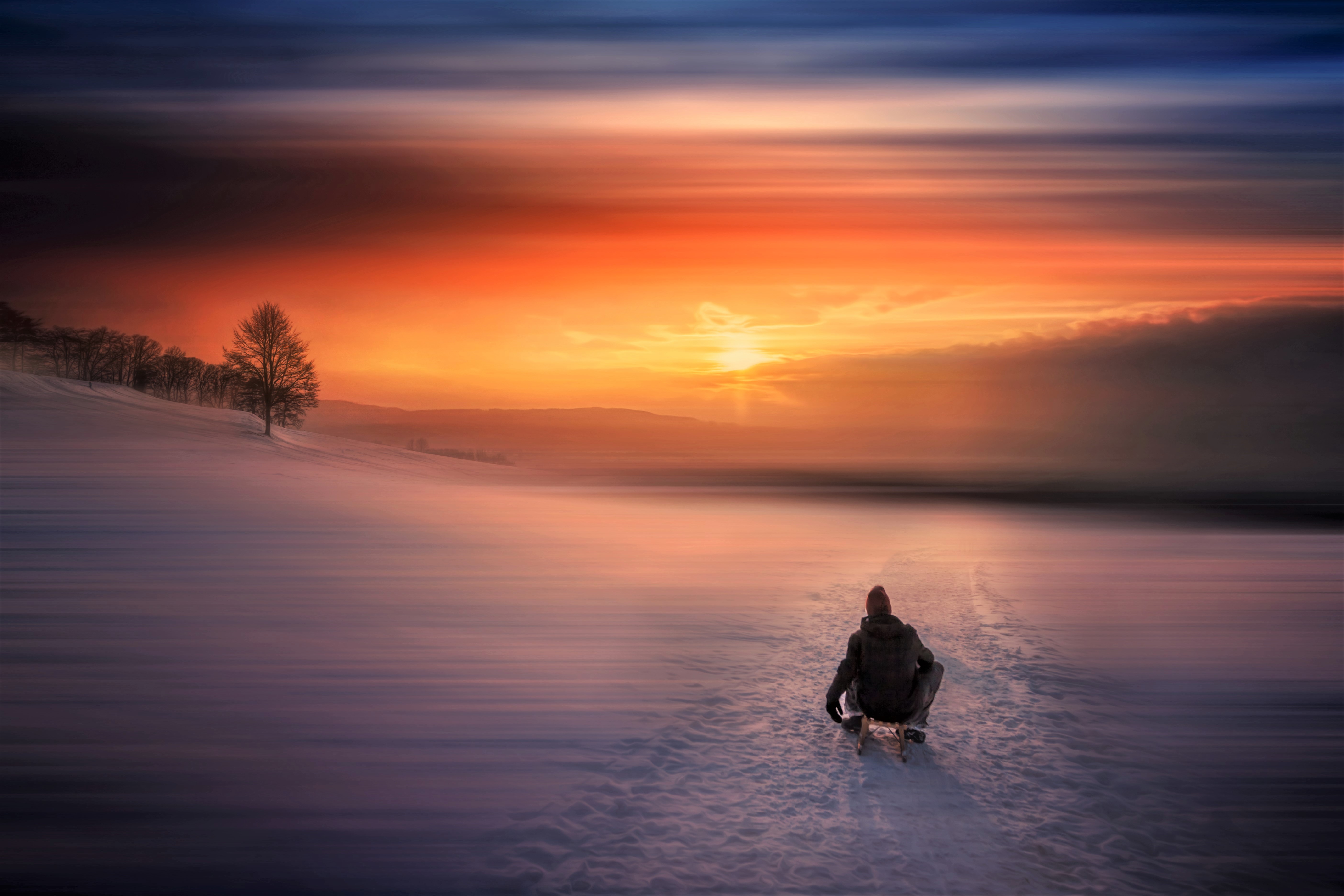 photography, winter, lake, sky, sled, snow, sunset High Definition image