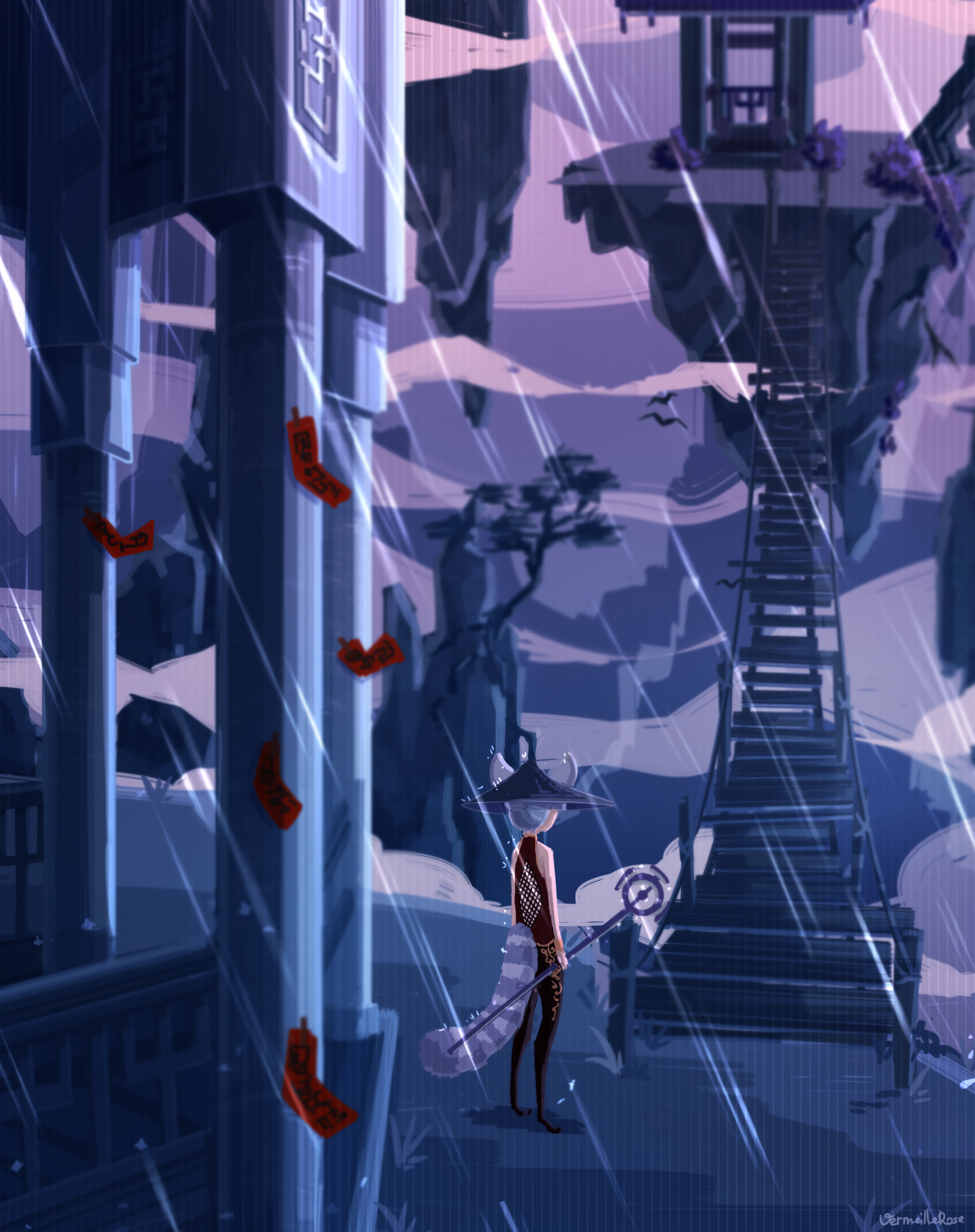 Free download wallpaper Ladder, Magus, Stairs, Magician, Art, Rain, Anime on your PC desktop