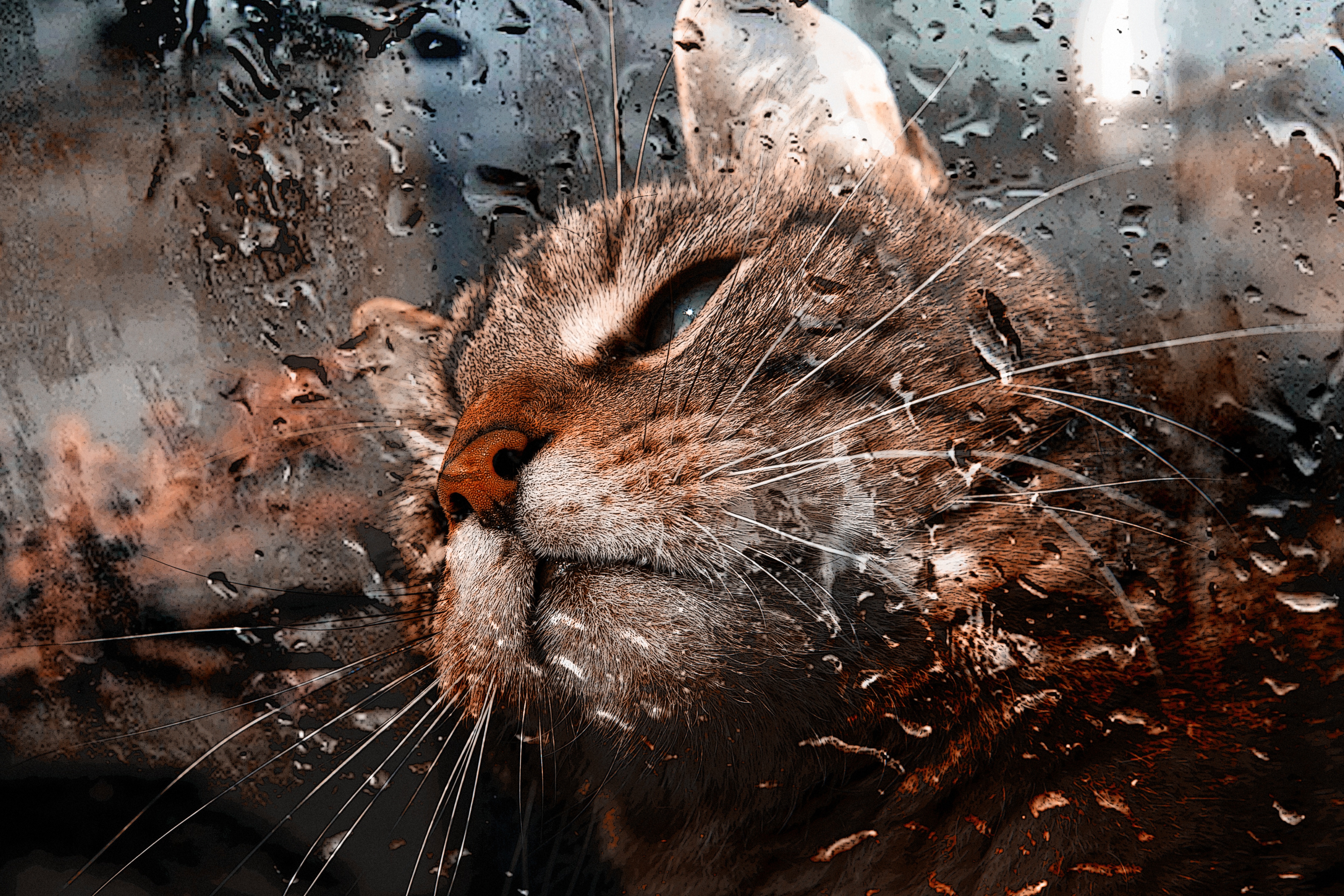 glass, animals, drops, cat, muzzle, moisture