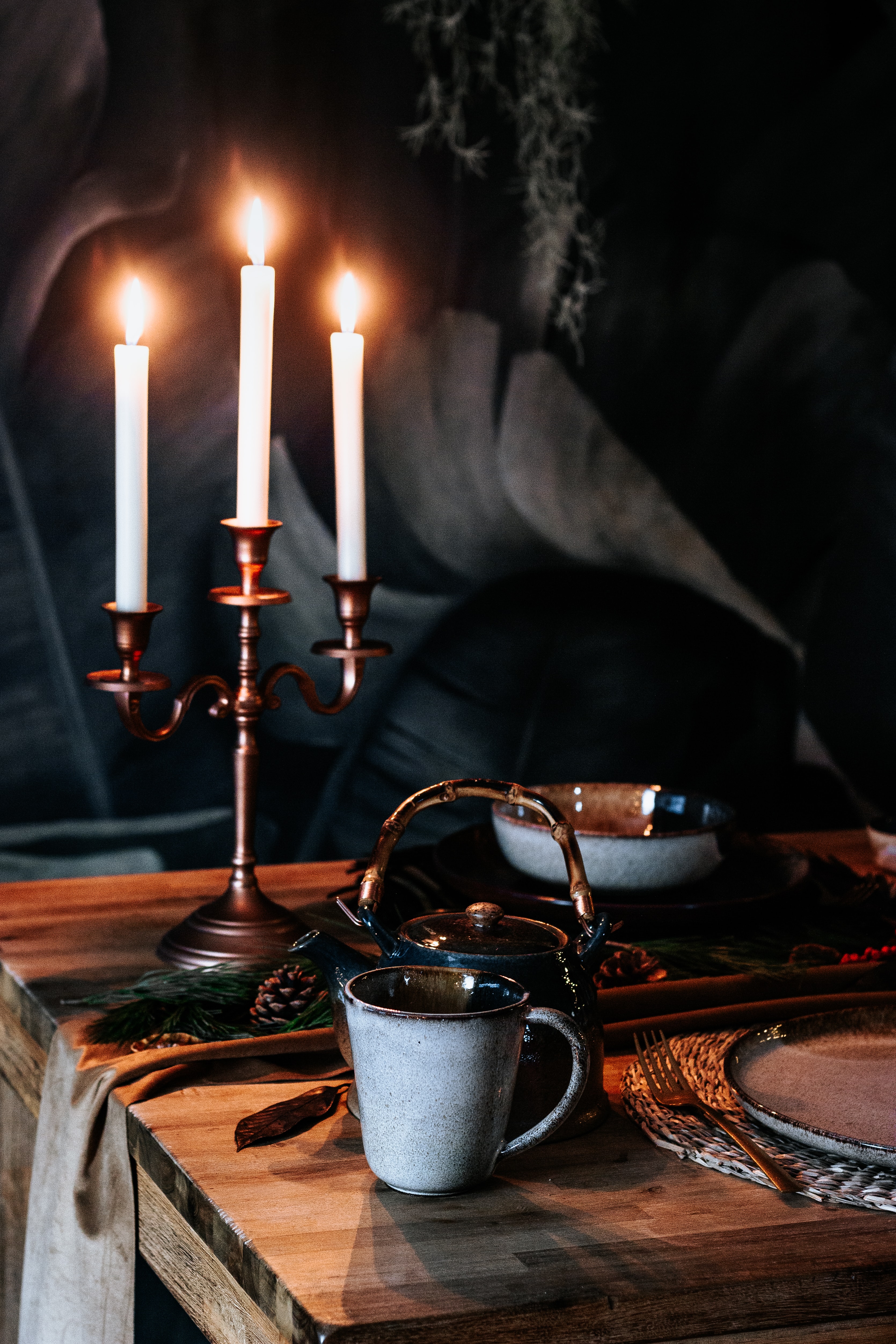 candles, cup, table, miscellanea, miscellaneous, teapot, kettle
