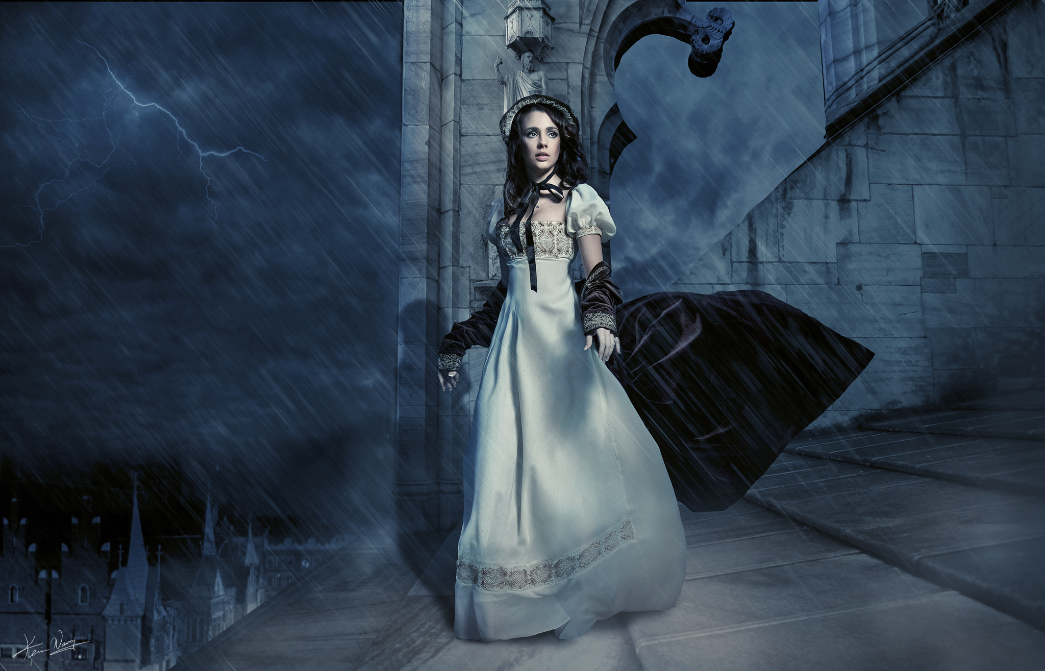 rain, fantasy, women, castle, dress, hat, lightning, model, thunderstorm