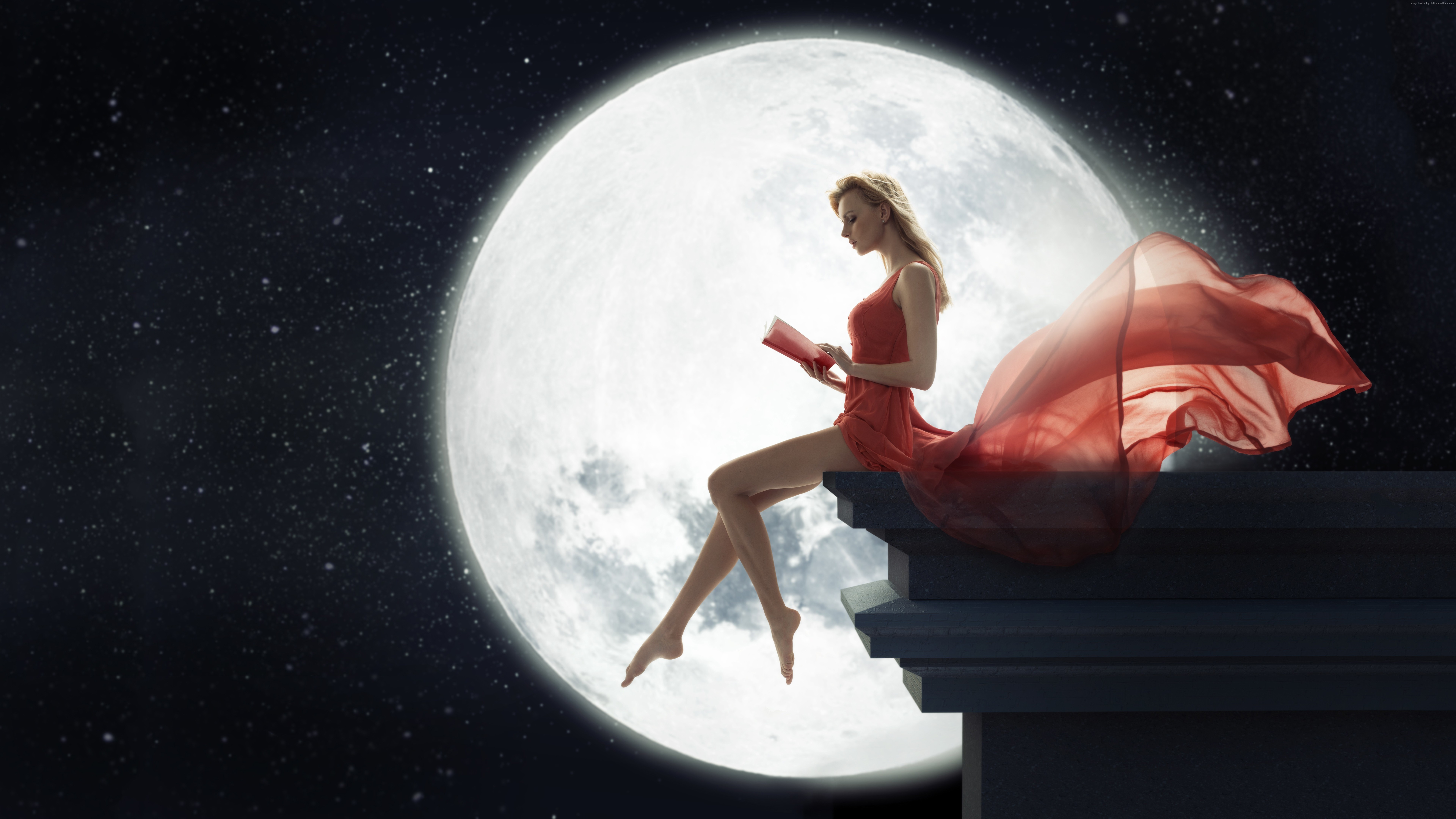 women, feet, fantasy, blonde, book, gown, moon, red dress Free Stock Photo