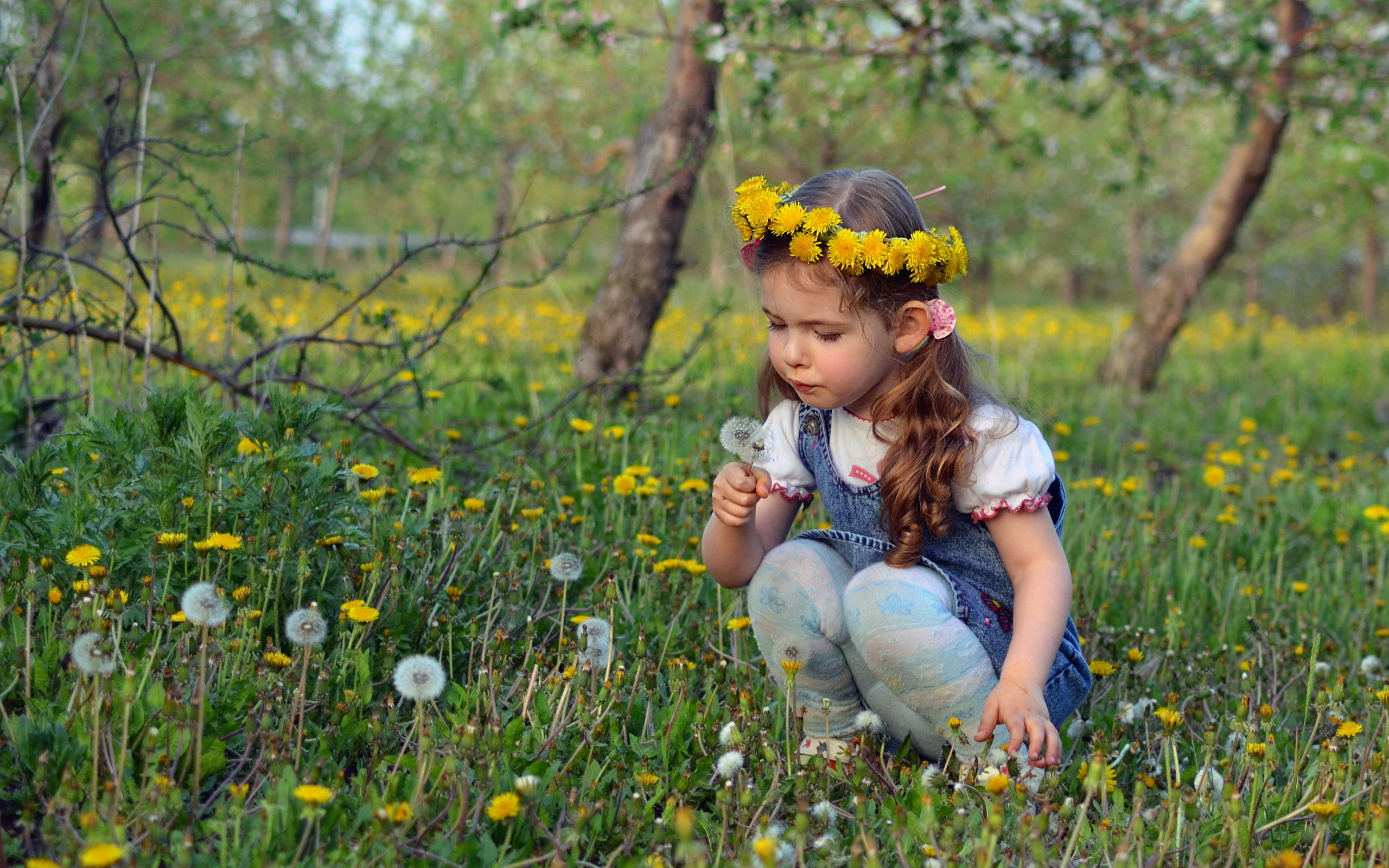little girl, photography, child, cute, dandelion, flower, wreath Full HD
