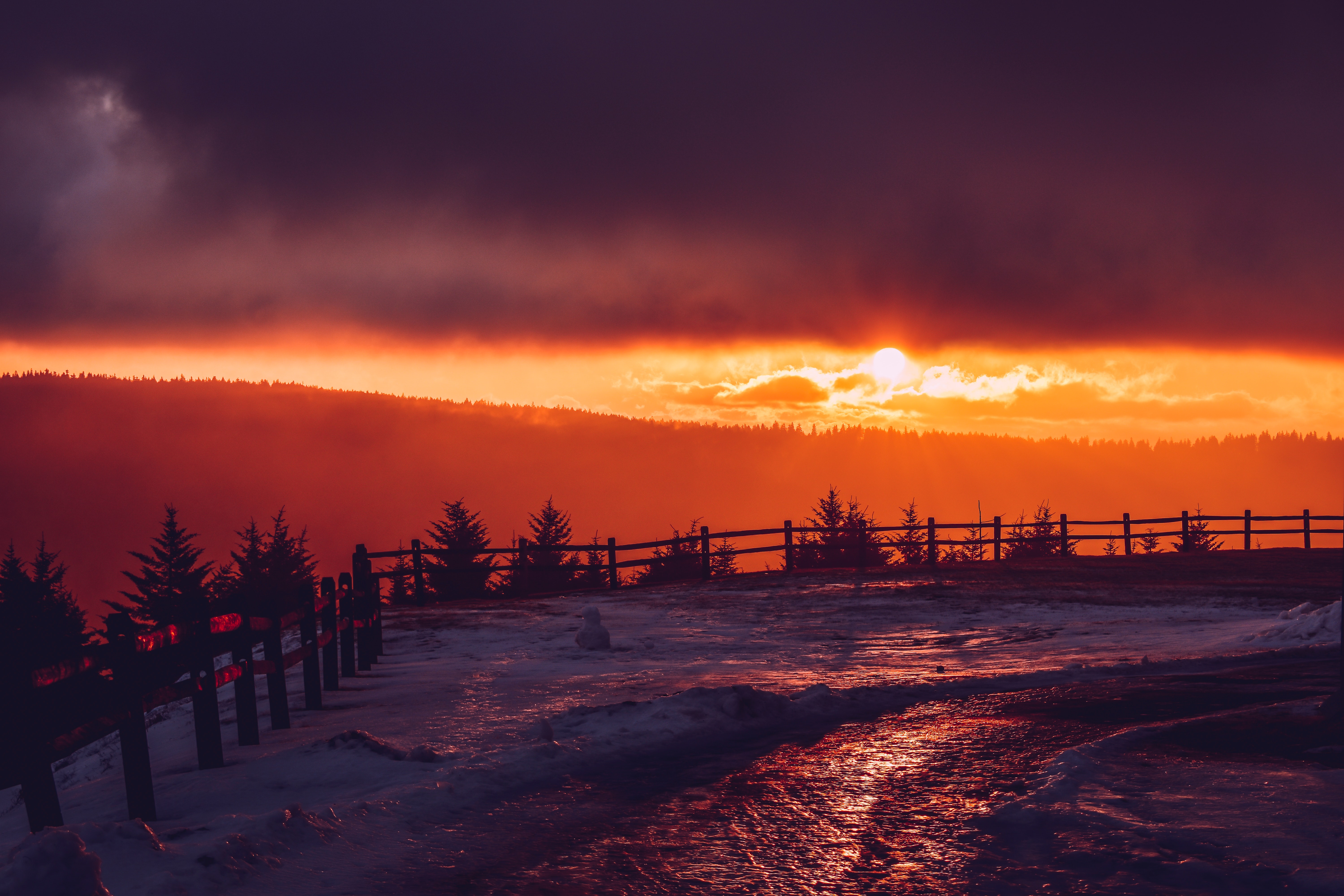 Download mobile wallpaper Nature, Fence, Mountains, Snow, Winter, Sunset for free.