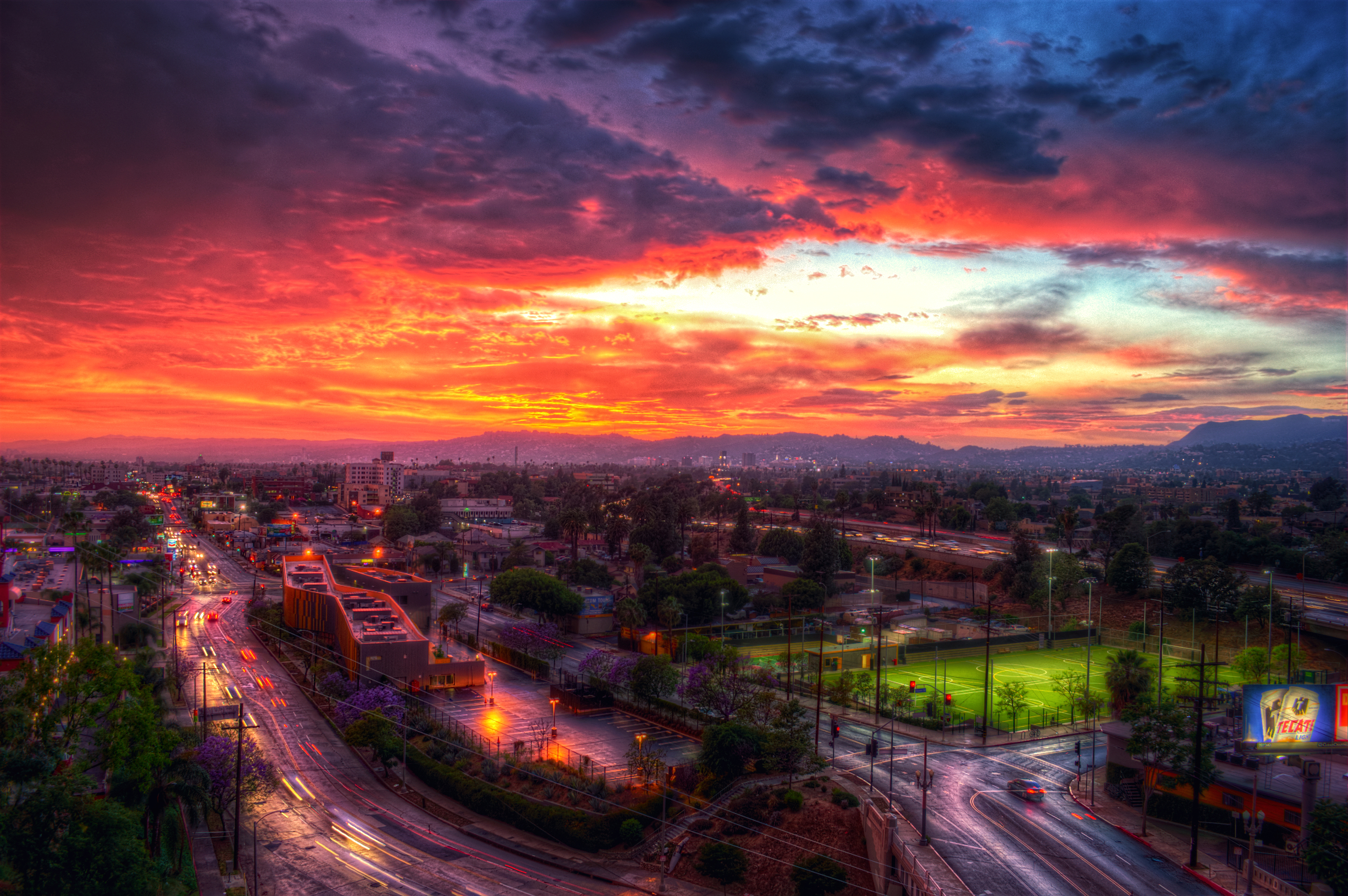 Download mobile wallpaper Cities, Sunset, Sky, City, Building, Road, Cityscape, Hdr, Los Angeles, Man Made for free.