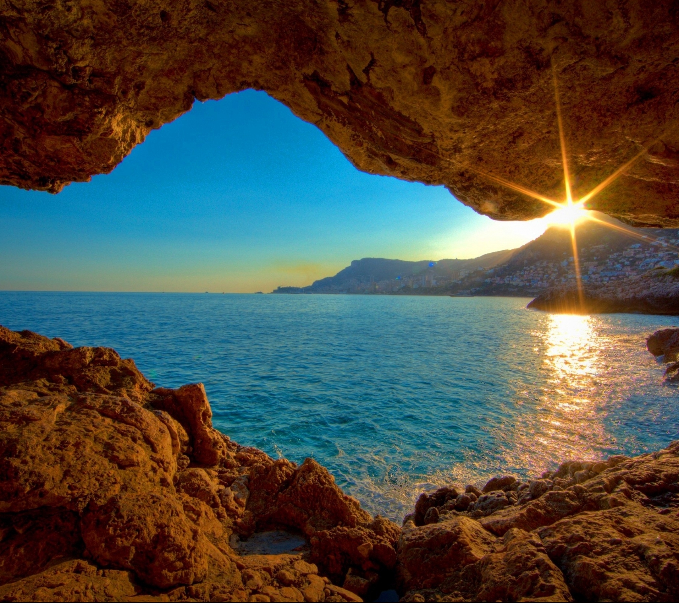 Download mobile wallpaper Nature, Sunset, Sun, City, Ocean, Earth, Hdr, Sunlight, Monaco for free.