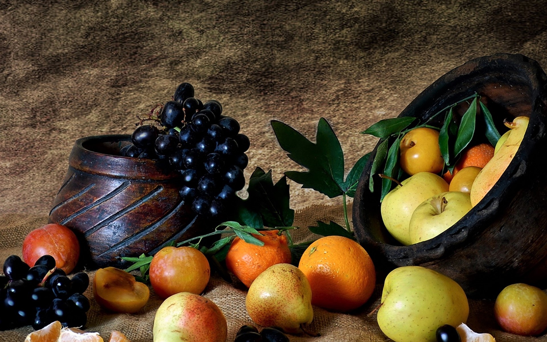food, still life, apple, bowl, fruit, grapes, orange (fruit), vase
