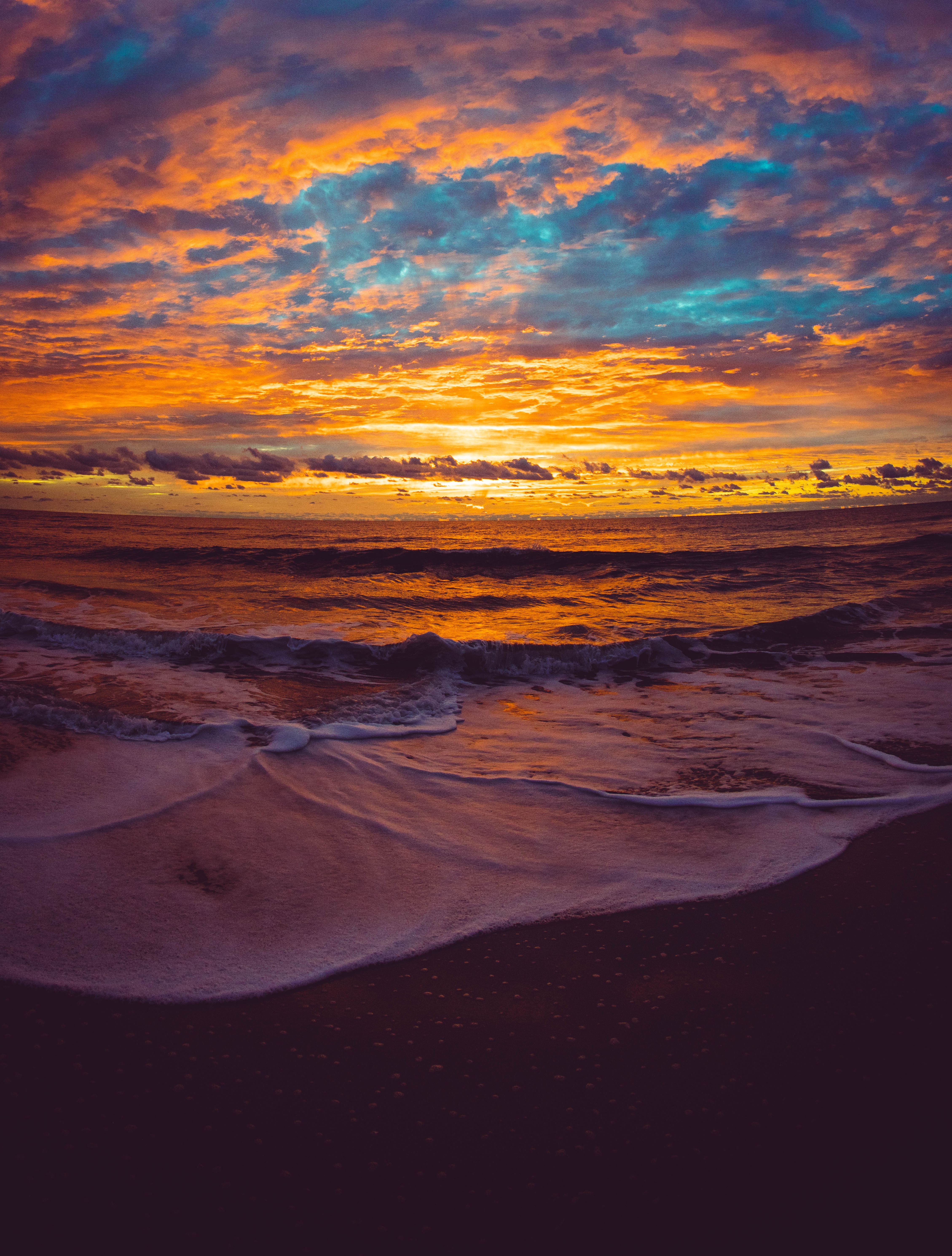nature, sunset, twilight, beach, sea, waves, dusk Full HD