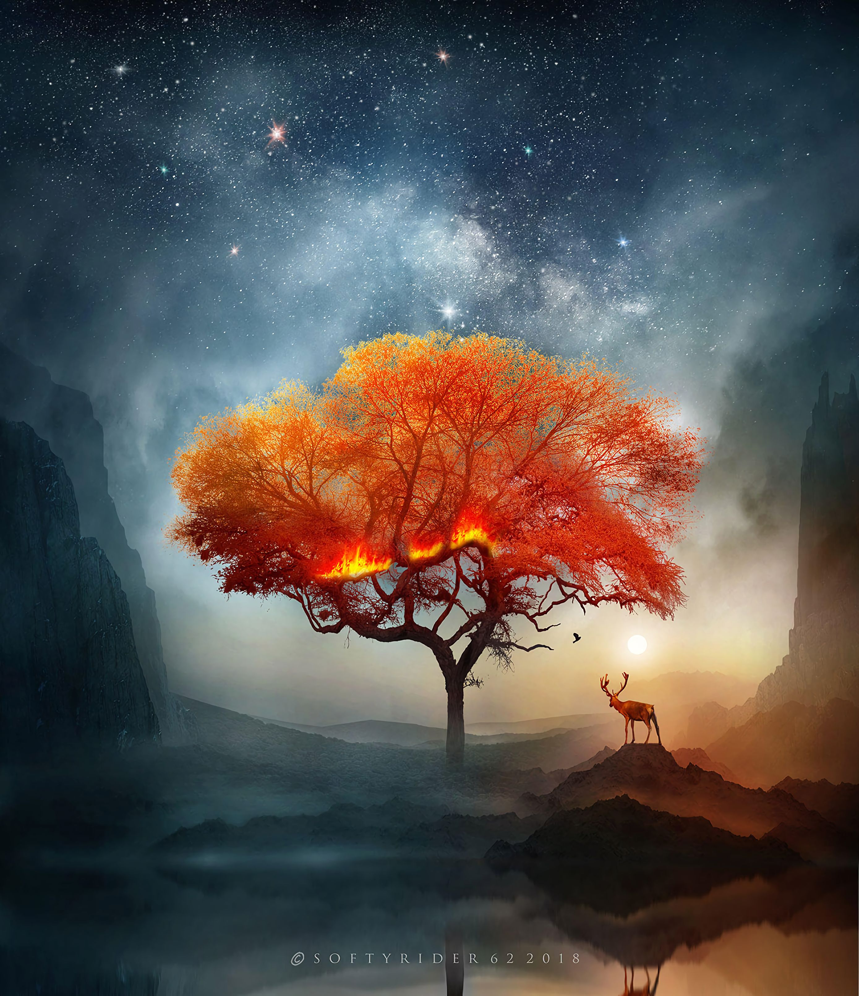 tree, fire, fantastic, deer, art, wood Phone Background