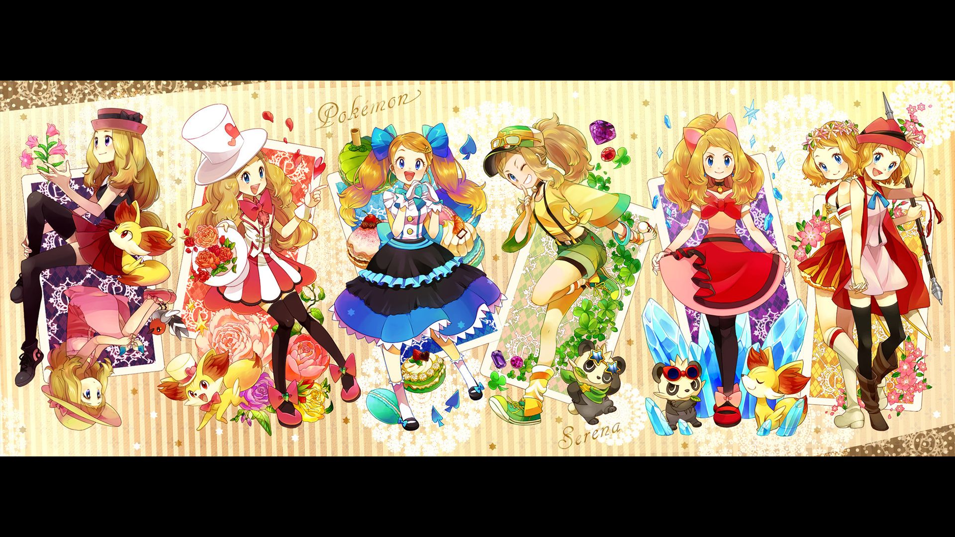 wallpapers serena (pokémon), anime, pokémon, blonde, blue eyes, blush, boots, bow (clothing), dress, earrings, fennekin (pokémon), flower, glasses, glove, hat, jewelry, long hair, pancham (pokémon), pink dress, purple eyes, red eyes, short hair, shorts, skirt, smile, thigh highs, twintails