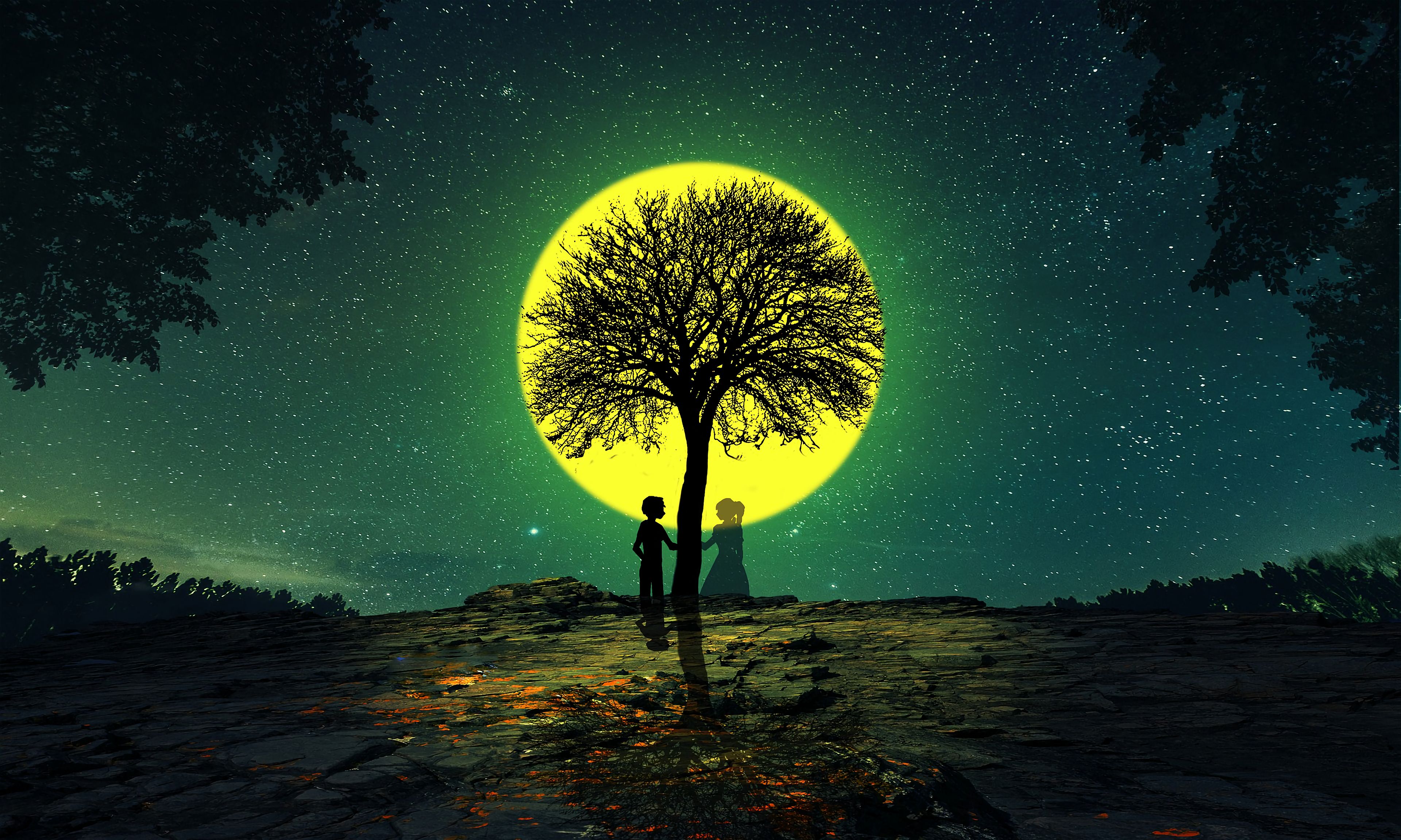 love, tree, silhouettes, night, wood