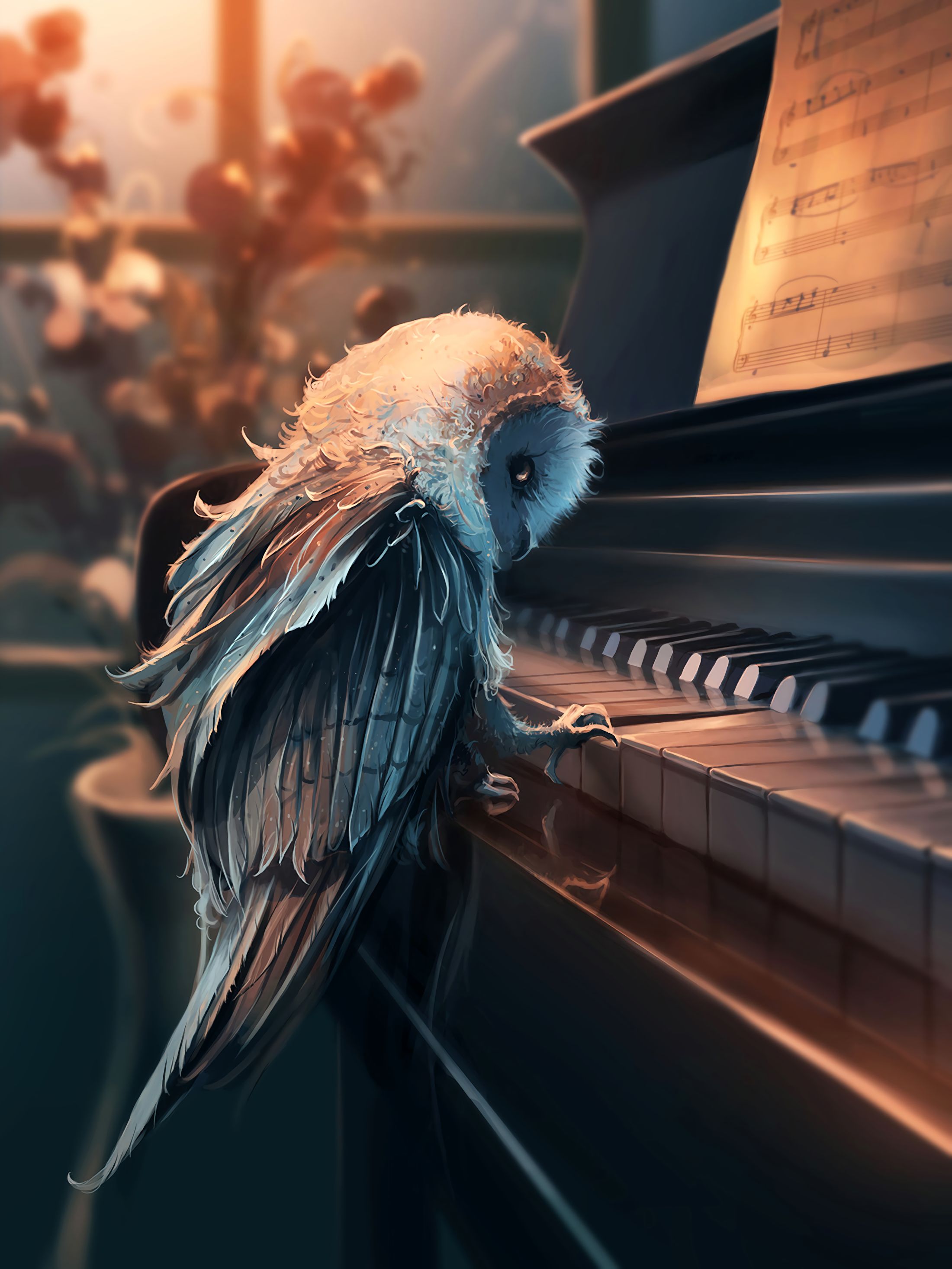 music, piano, art, owl, notes phone background