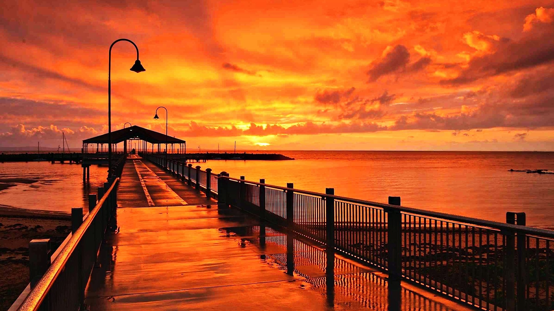 sunrise, man made, pier, australia, horizon, ocean, orange (color), queensland, sky, sunset