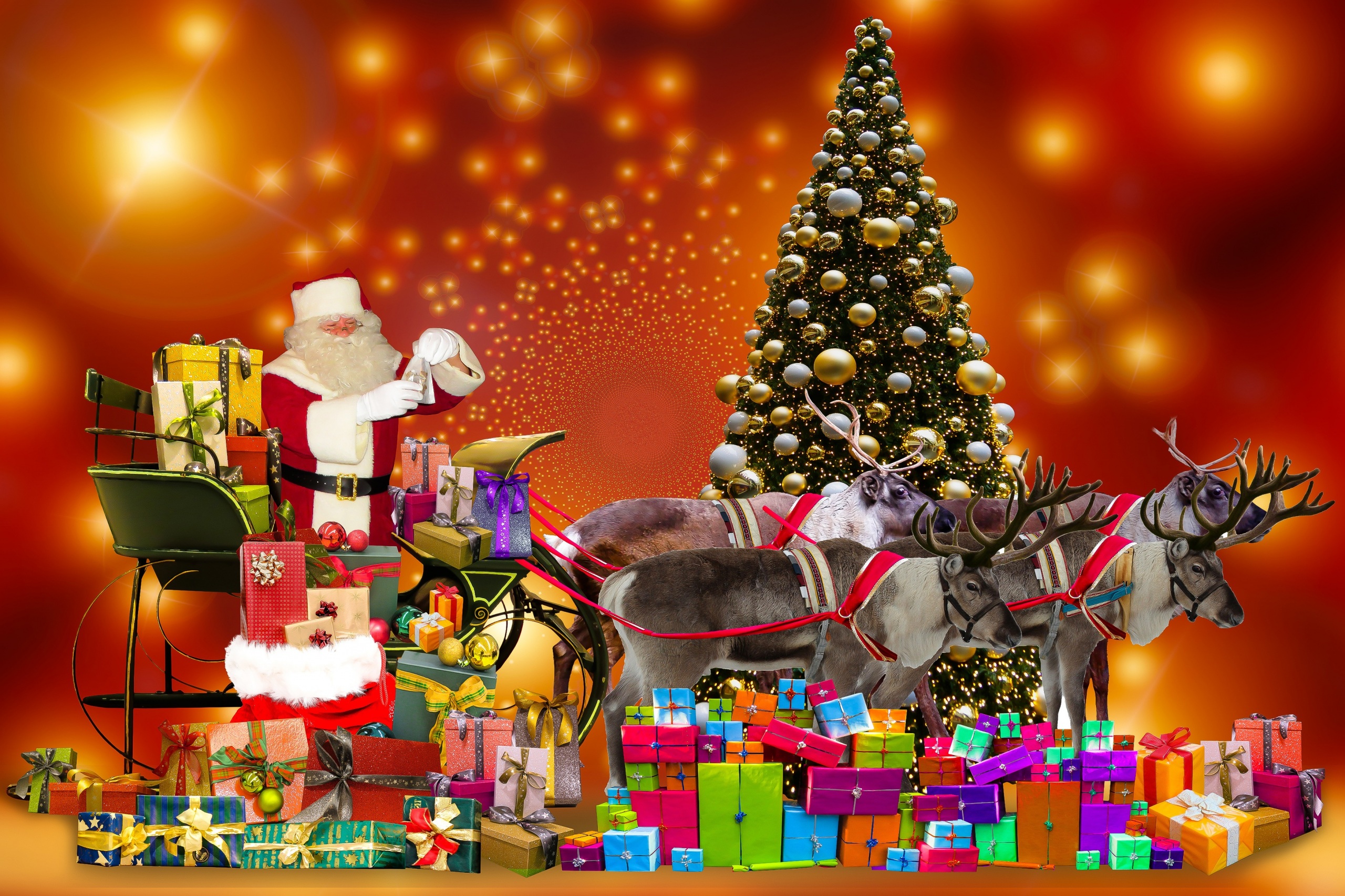 holiday, christmas, christmas tree, gift, reindeer, santa, sled