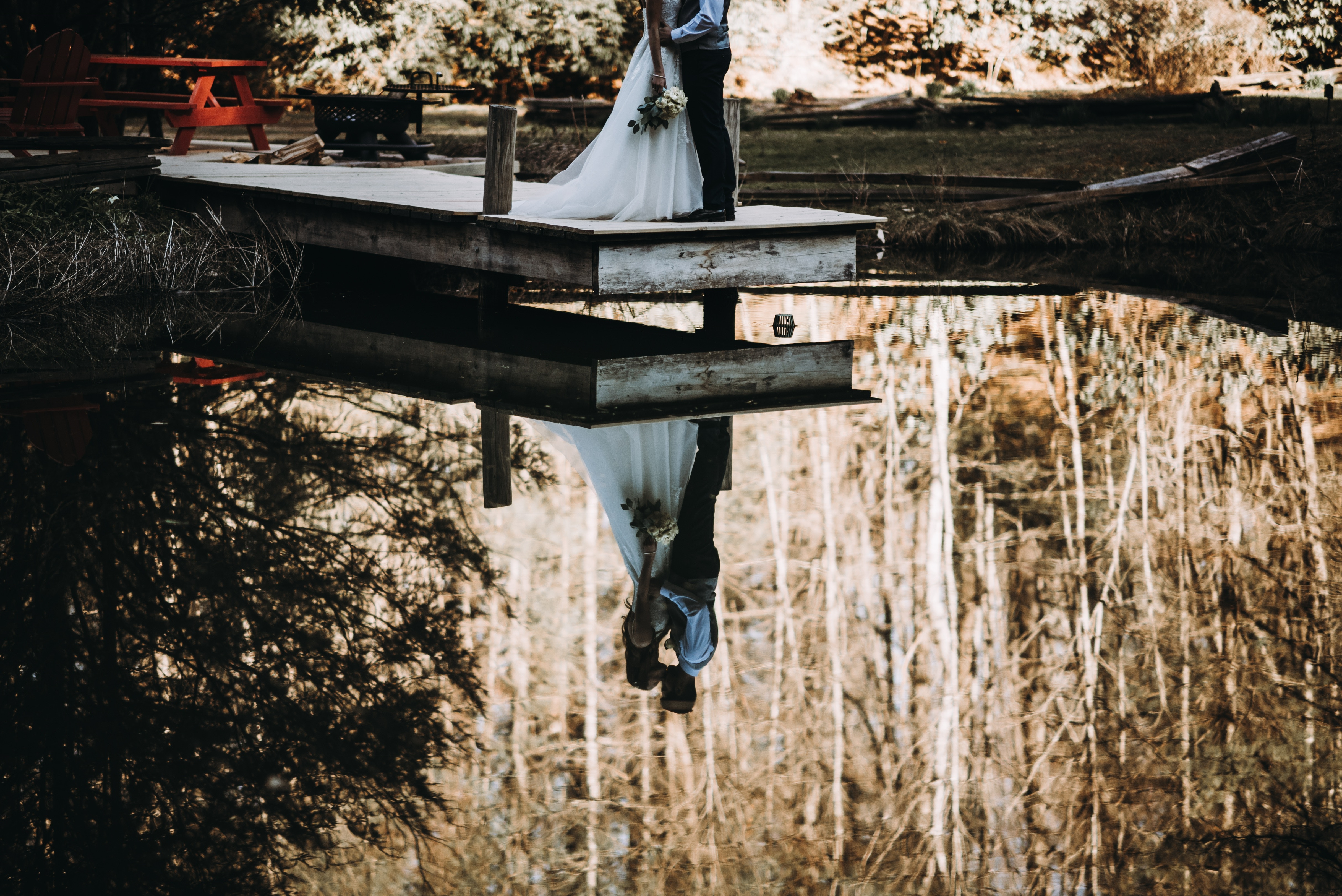 Download mobile wallpaper Reflection, Newlyweds, Pair, Rivers, Couple, Love for free.