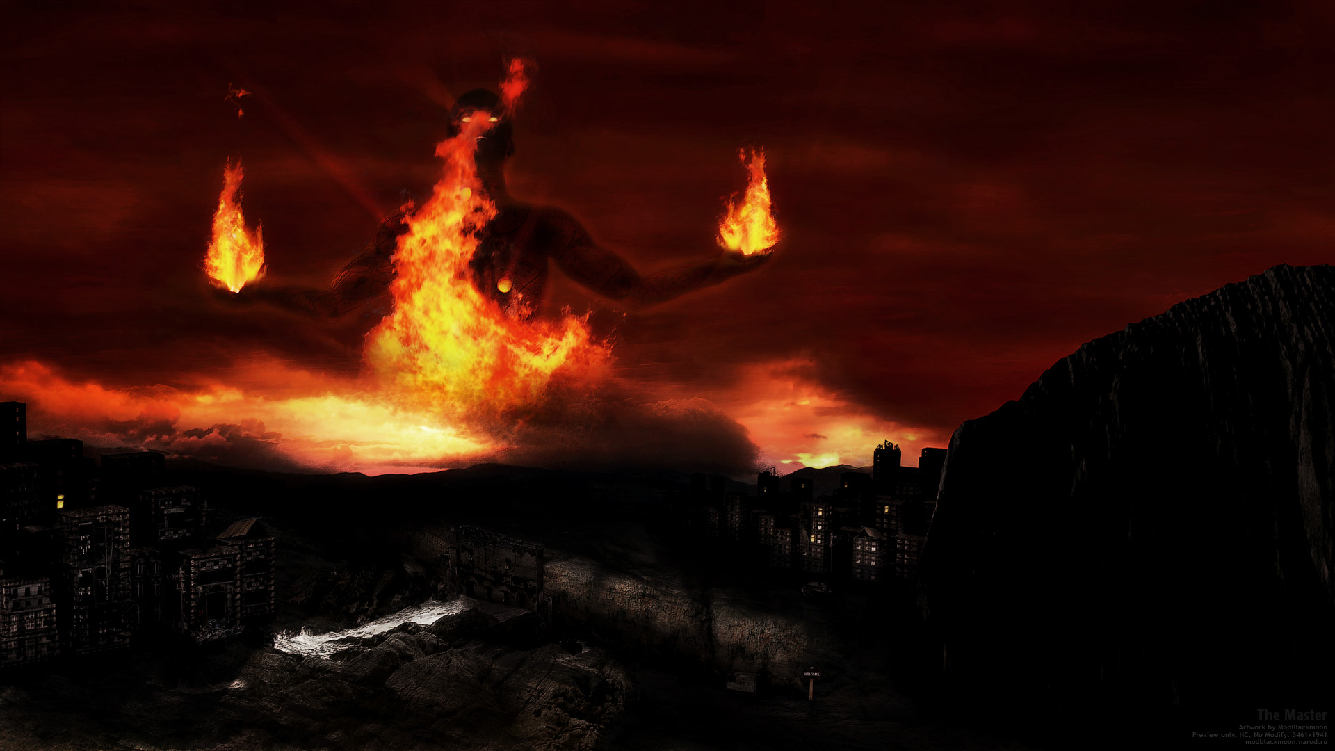 demon, dark, occult, city, destruction, fire HD wallpaper