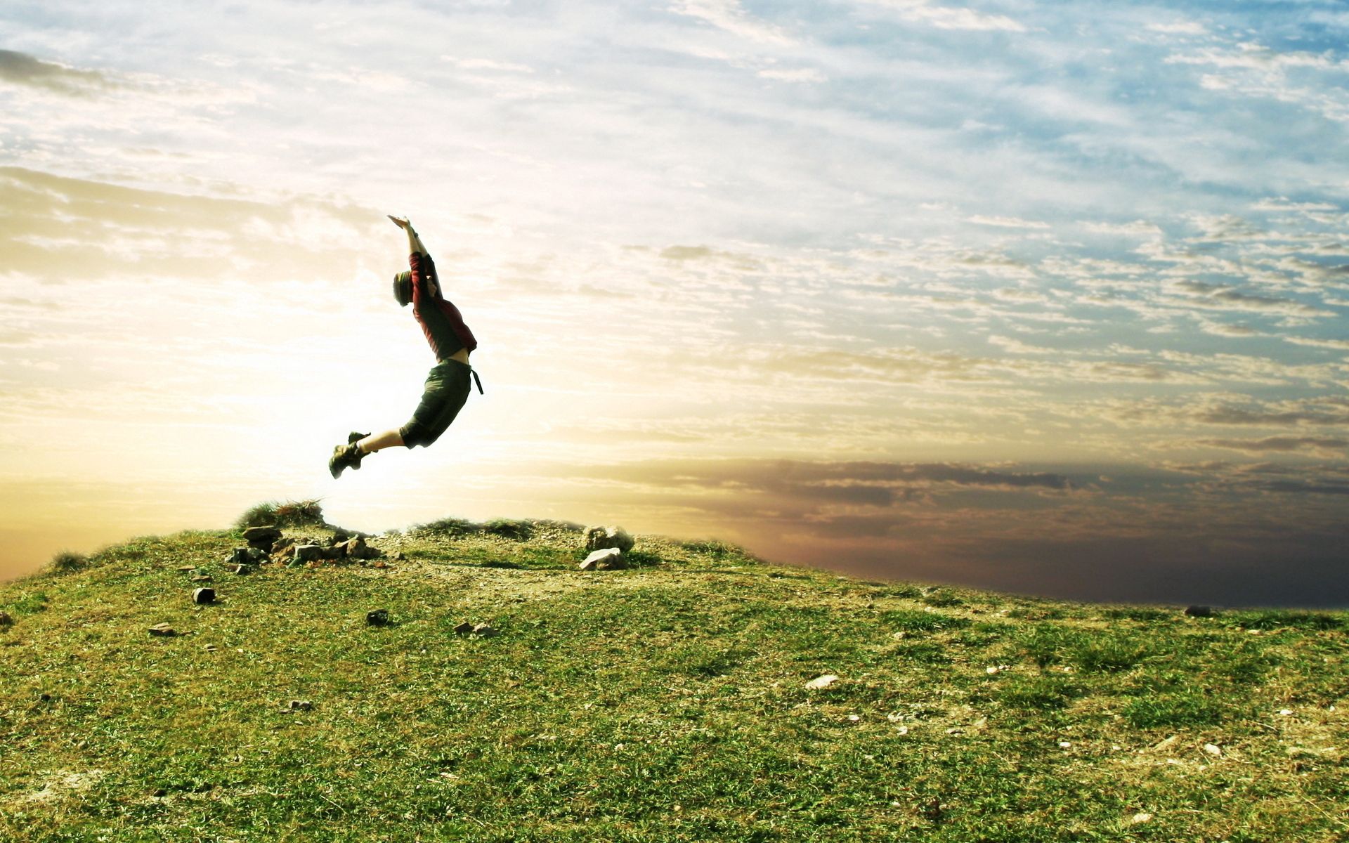Download mobile wallpaper Jump, Bounce, Field, Grass, Miscellaneous, Nature, Sky, Miscellanea, Person, Human for free.