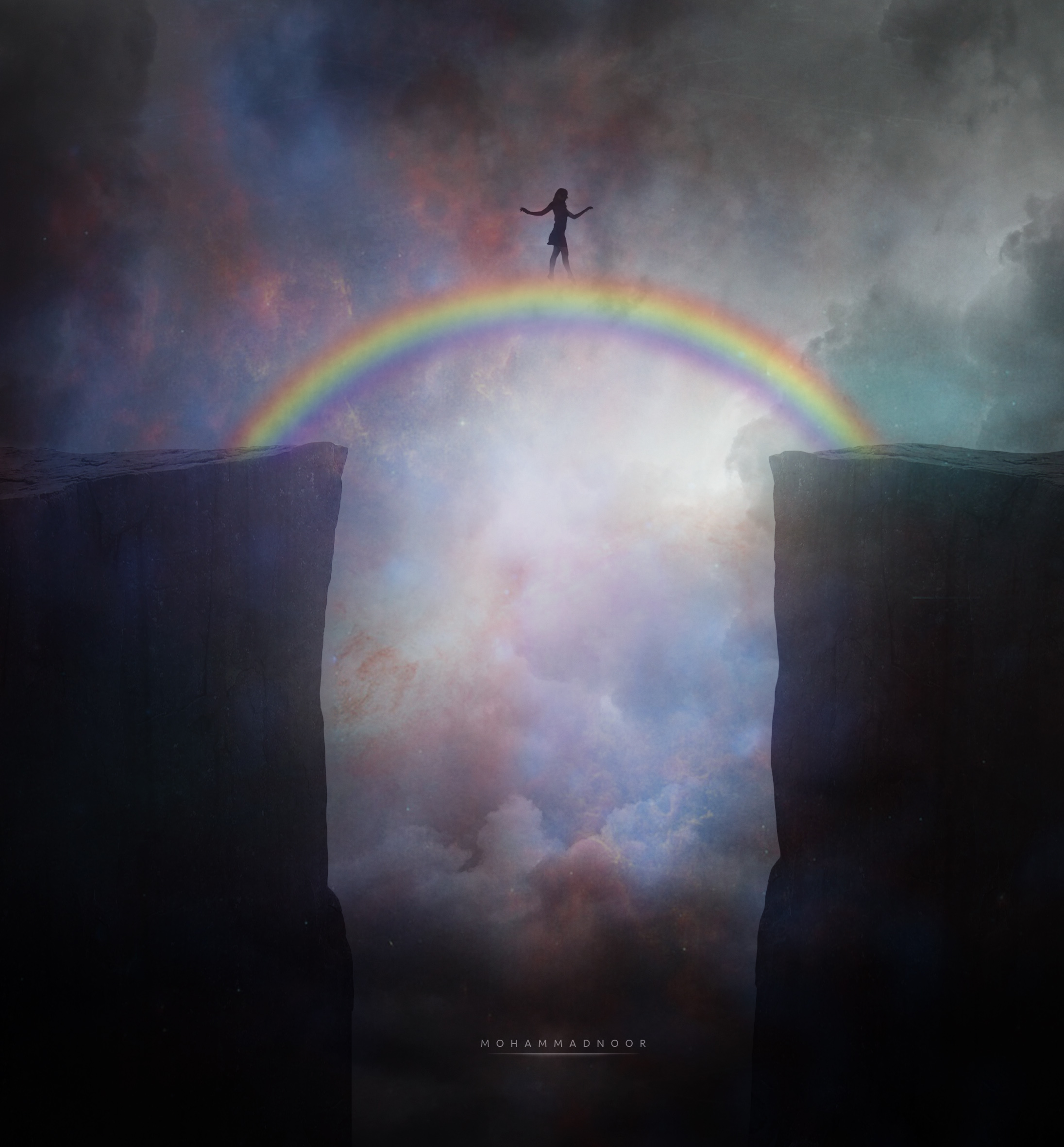 rainbow, art, silhouette, break, precipice, bridge Phone Background